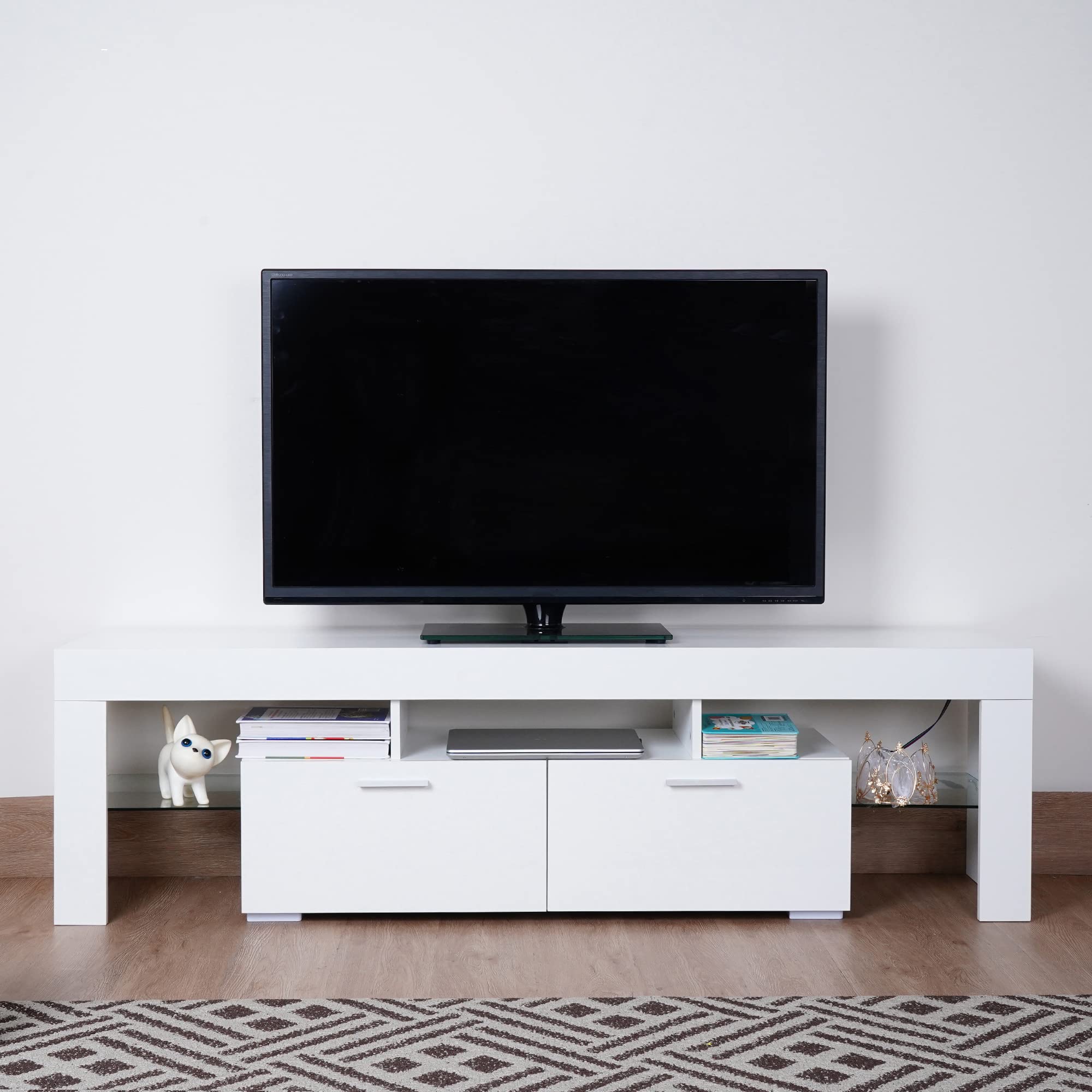 Modern LED TV Stand with High Gloss Finish - White TV Cabinet with Storage for Living Room, Bedroom & Lounge - Easy Assembly Entertainment Center for Flat Screen TVs