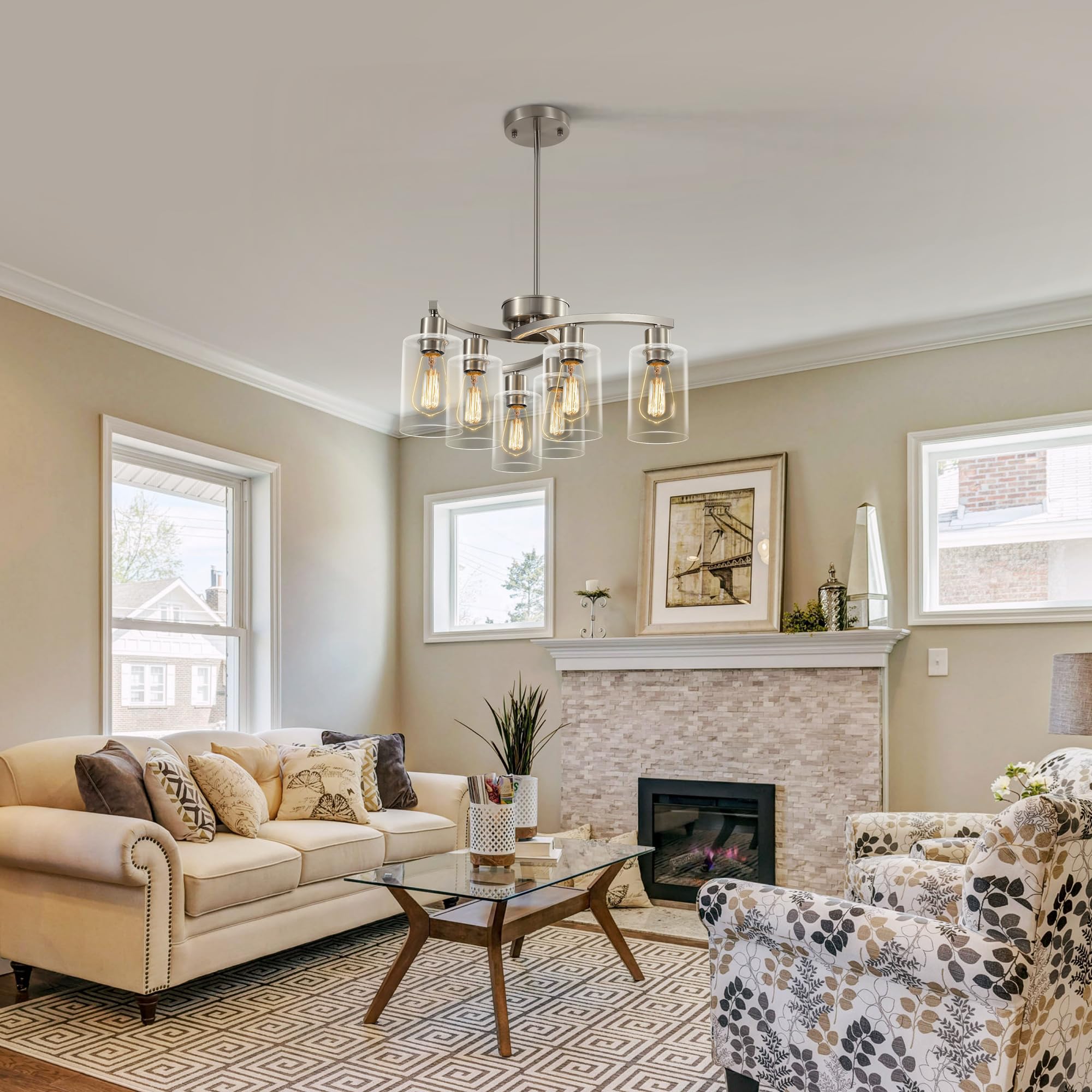 6-Light Brushed Nickel Chandelier - Adjustable Height Industrial Pendant Lighting with Clear Glass Shade for Dining Room, Kitchen Island & Bedroom | Perfect for Modern Farmhouse, Loft & Industrial Style Decor