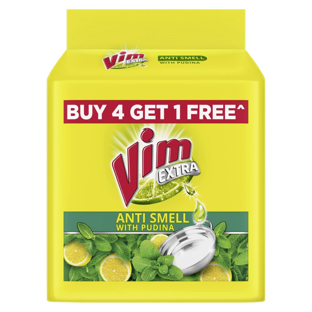 Vim Antismell with Pudina (Mint) Dishwashing Bar - Pack of 5 (Buy 4 Get 1 Free) | Vim Lemon Dishwash Bar 300g - Powerful Stain & Grease Removal | Ideal for Kitchen Cleaning, Utensil Washing & Tough Stain Removal
