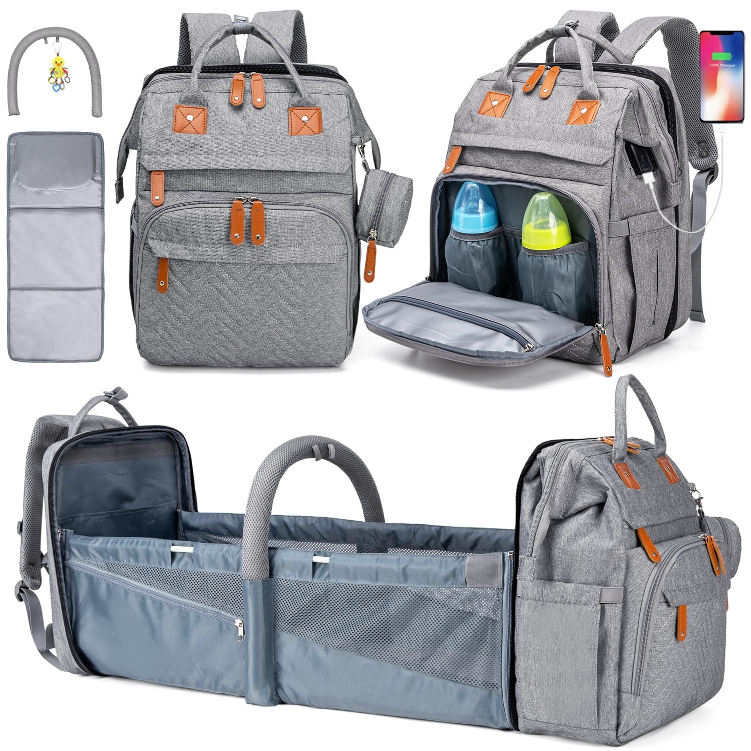 KABAQOO Large Waterproof Diaper Backpack for Baby Boys & Girls - Multifunctional Travel Bag with USB Charging Port - Perfect for Moms & Dads (Grey) | Ideal for Daycare, Travel & Outdoor Activities