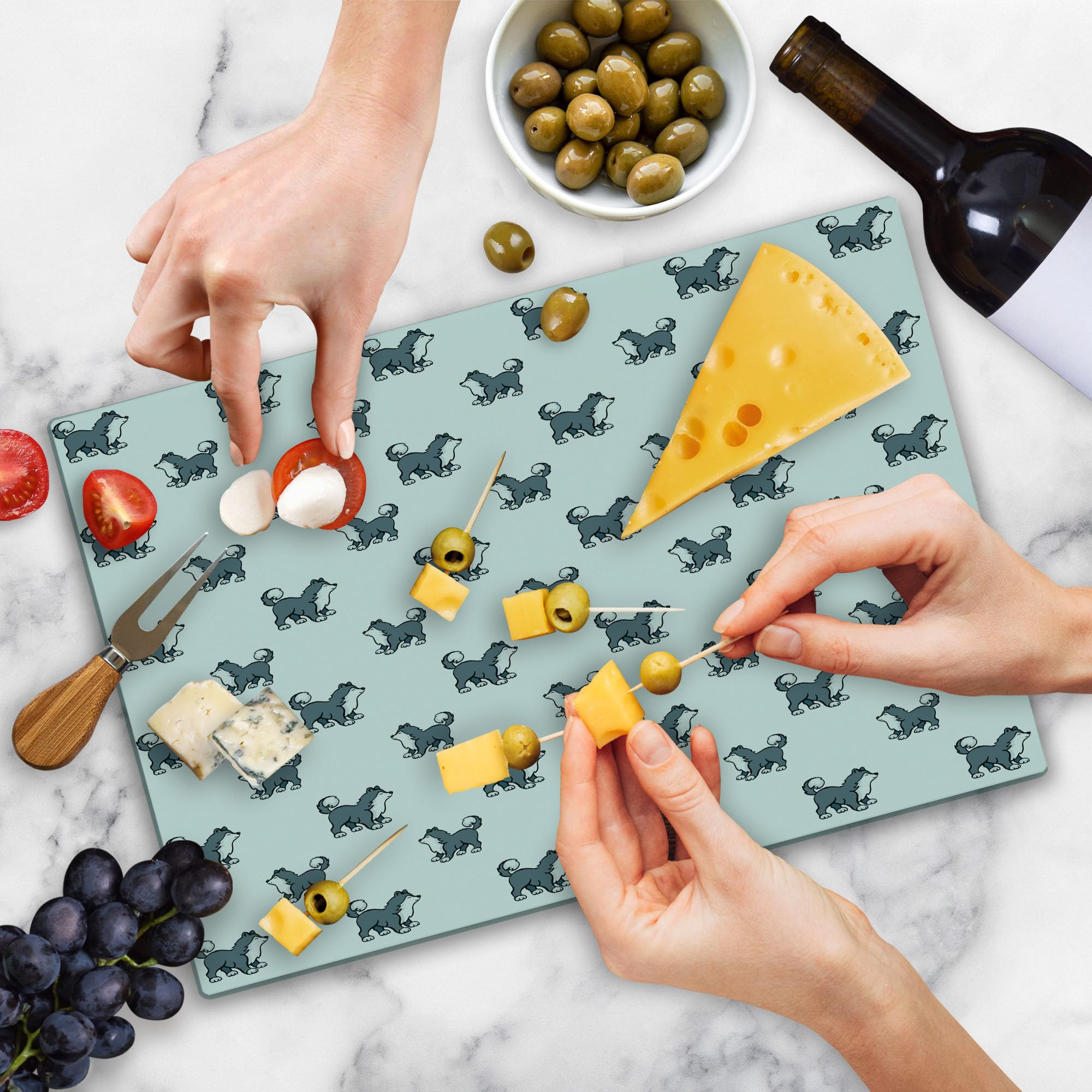 Ambesonne Husky Dog Cutting Board - Siberian Puppy Cartoon Design, Tempered Glass Serving Board for Kitchen, Large Size (Blue Grey Black White) - Perfect for Pet Lovers, Home Decor & Entertaining Guests