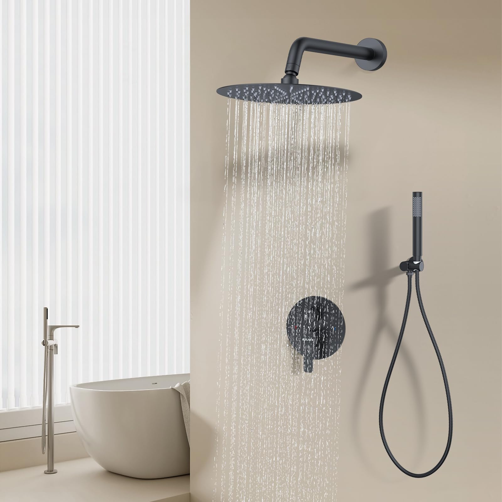10 Inch Matte Black Shower System - High Pressure Rain Shower Head & Handheld Shower Combo, Wall Mounted Bathroom Mixer Faucet with Rough-in Valve & Trim Kit - Perfect for Modern Spa-Like Bathroom Experience