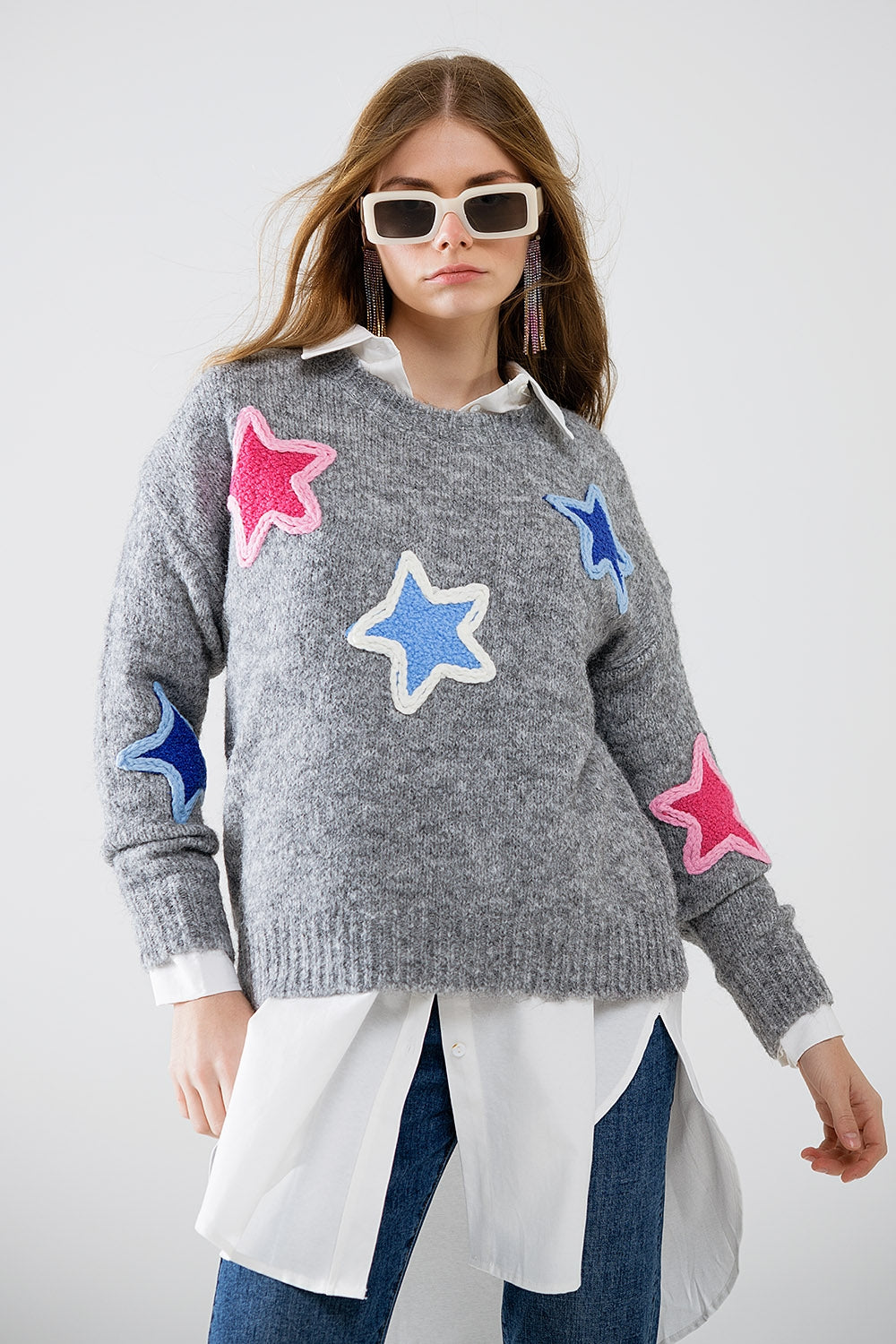 Embroidered Star Pullover Sweater - Women's Casual Knit Top for Fall & Winter | Perfect for Cozy Outfits, Layering & Holiday Gatherings