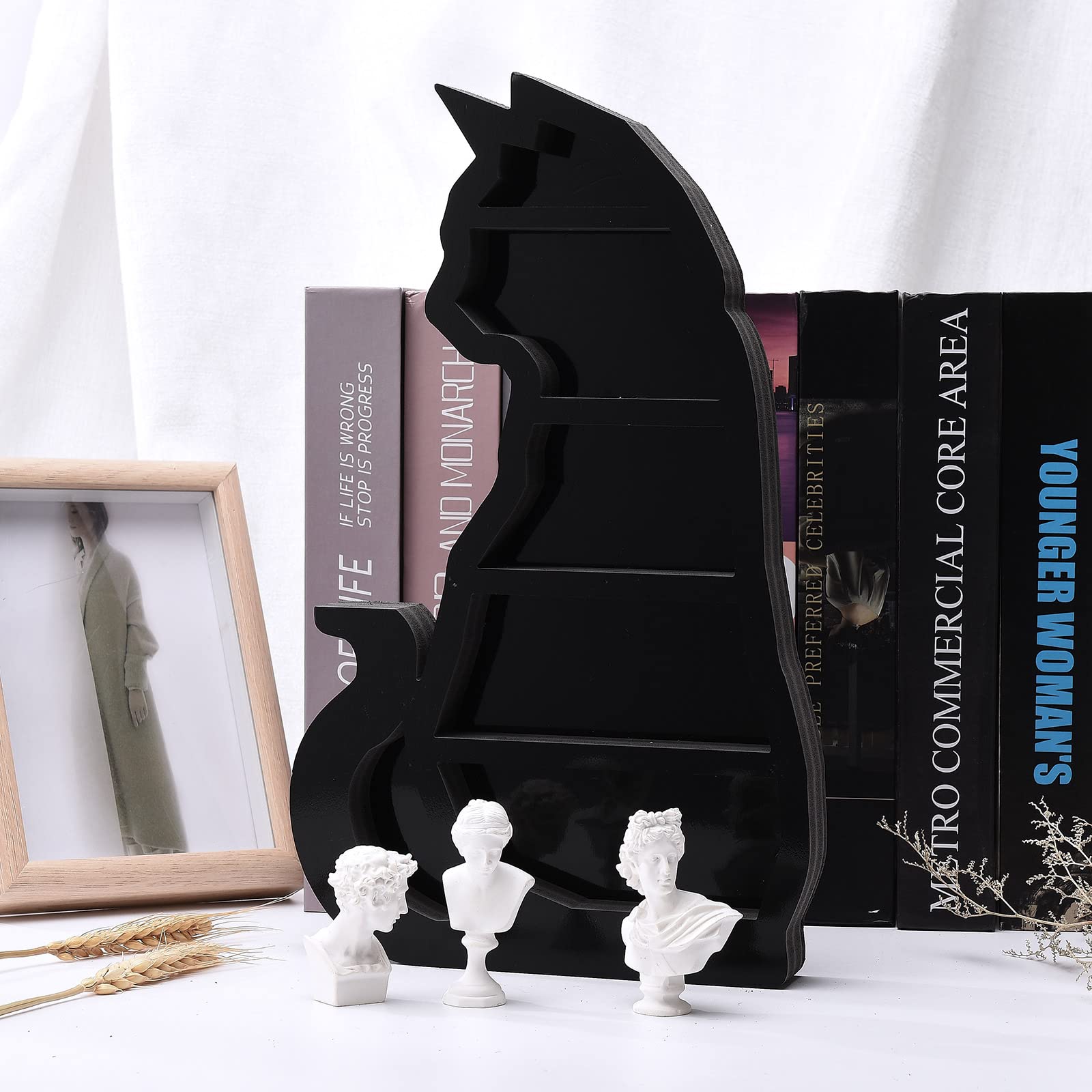 Moon Phase Crystal Shelf - Wooden Wall Mounted Jewelry Holder with Cat Design, Reversible Essential Oil Shelf for Living Room, Bedroom, Dining Room | Stylish Home Decor & Gift Idea