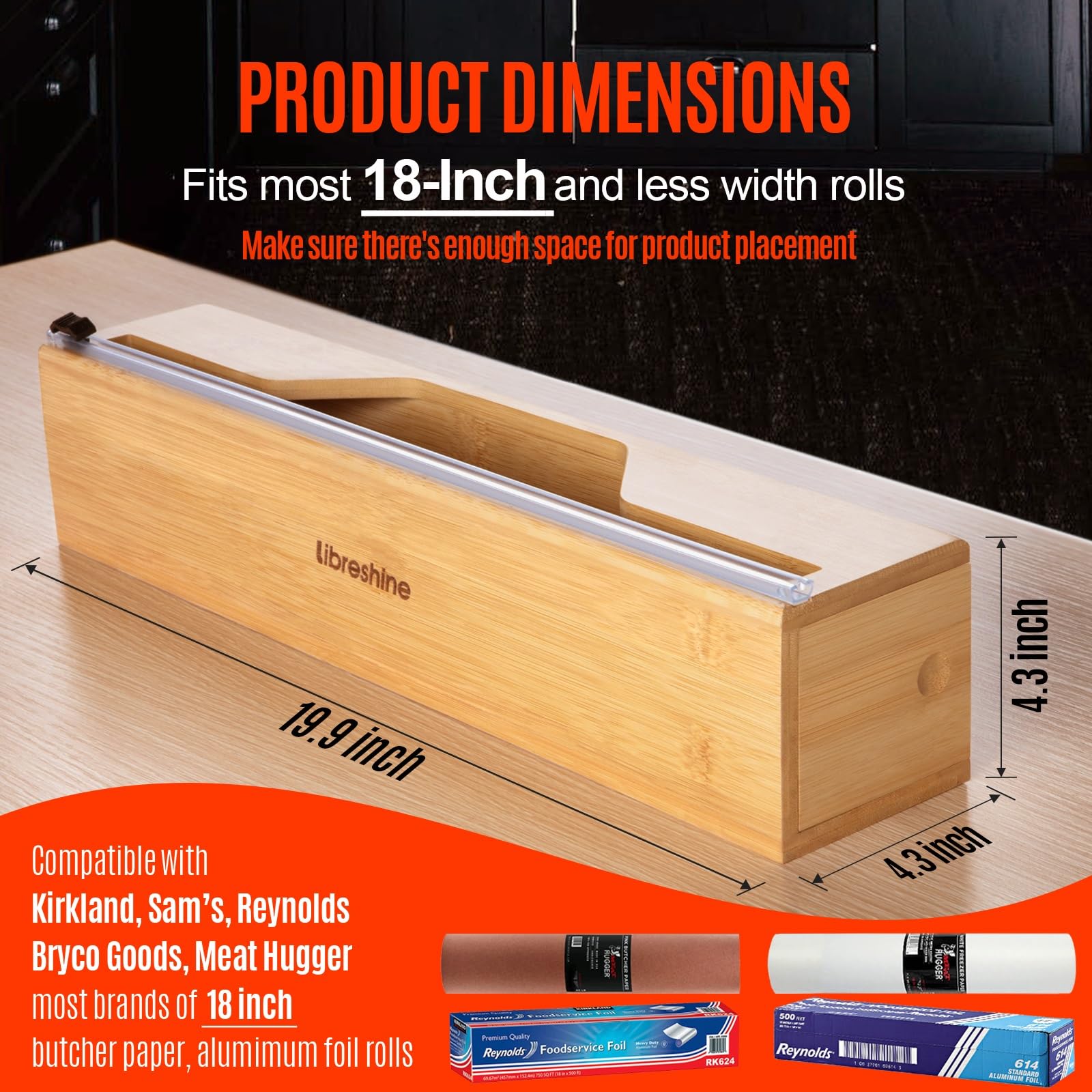 Extra Long Butcher Paper Dispenser with Cutter - 18 Inch Aluminum Foil Holder, Freezer Paper & Kraft Paper Roll Organizer - Bamboo Wall Mount & Tabletop Design for Kitchen, BBQ, Crafting & Food Packaging