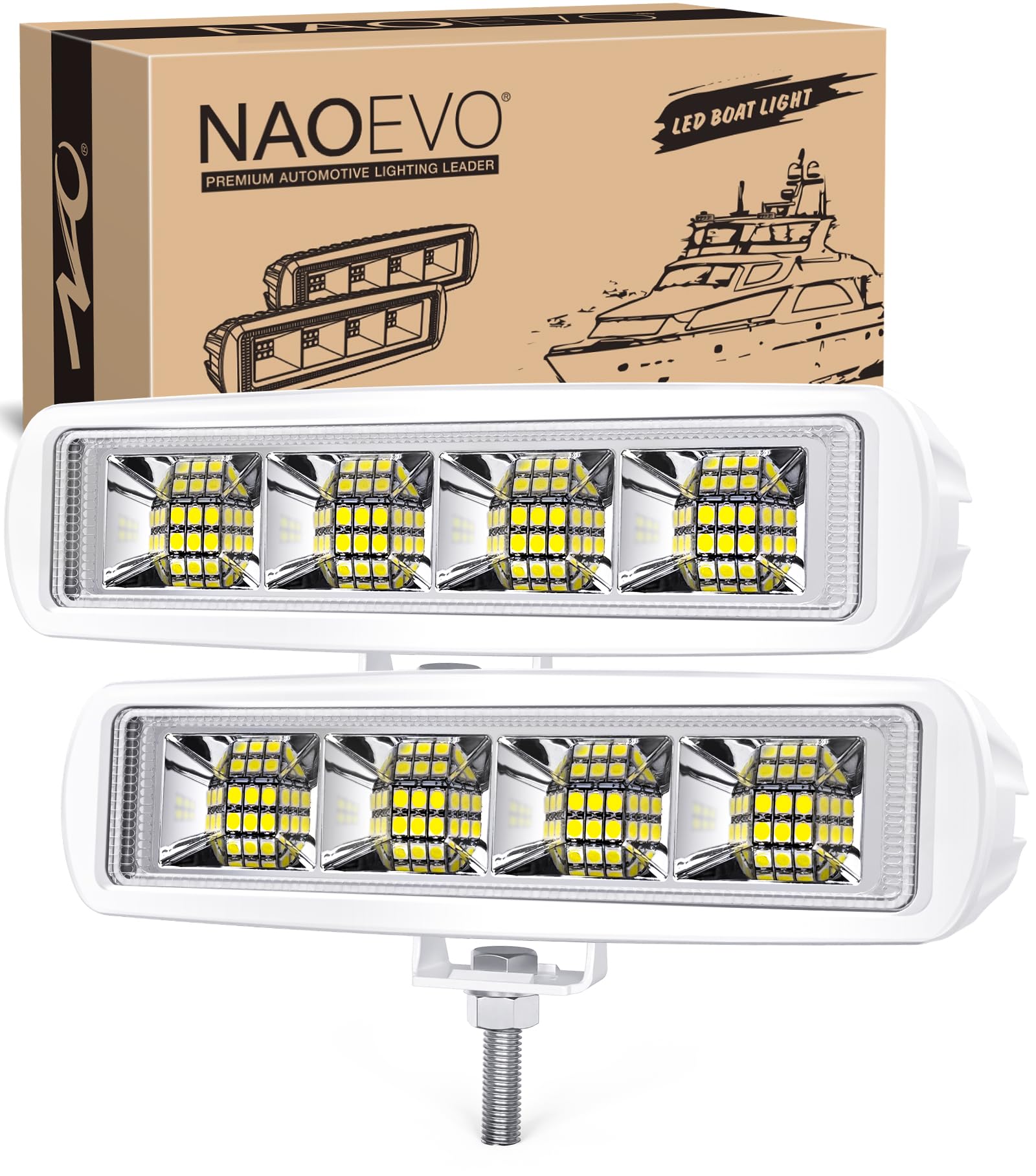 NAOEVO 6-Inch 34W 4200LM Waterproof LED Boat Light Bar - Super Bright 150° Flood Beam Marine Lights for Boats, Pontoons, Decks, Docks, Trucks, ATVs, Jeeps & Tractors - 2-Pack White Lights with 1-Year Warranty - Perfect for Night Fishing, Off-Roading & Marine Navigation