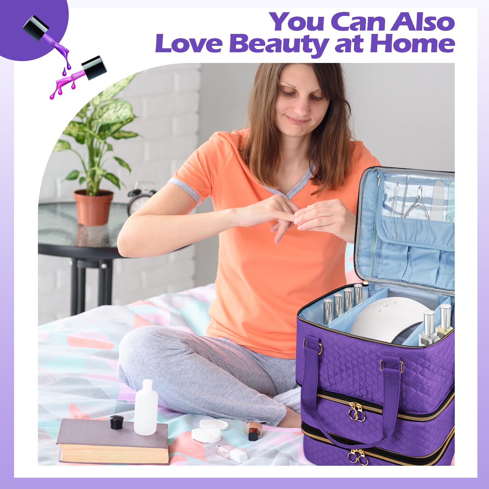 3-Layer Nail Polish Organizer Case with Adjustable Dividers - Holds 84 Bottles, Nail Lamp & Kit Supplies - Portable Storage Box for Nail Salon & Home Use - Purple