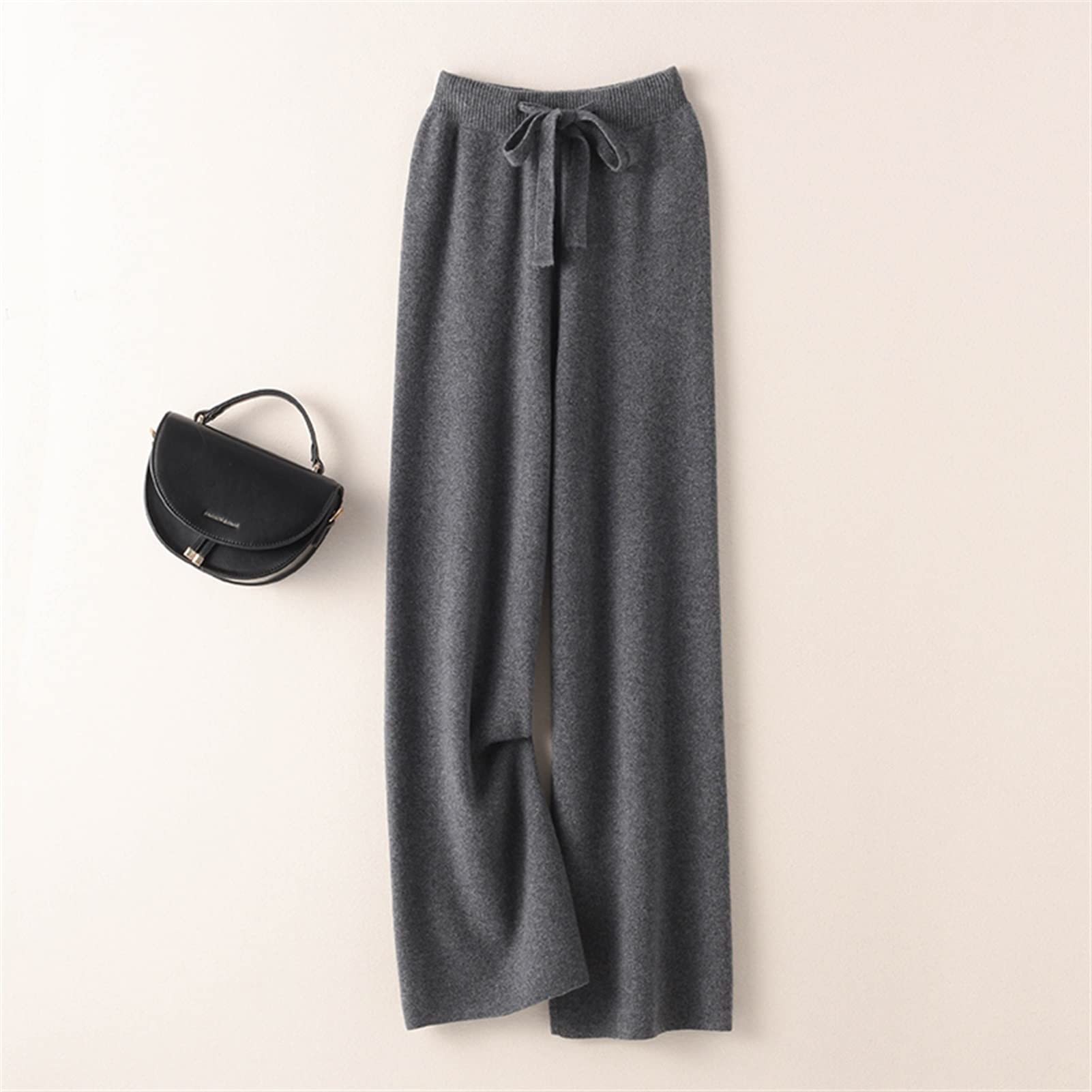 KSFBHC Women's Cashmere High Waist Wide Leg Pants - Soft Winter Knitted Wool Trousers for Ladies, Loose Fit Comfortable Lounge Pants (Dark Grey, X-Large) - Perfect for Home, Office & Casual Outings