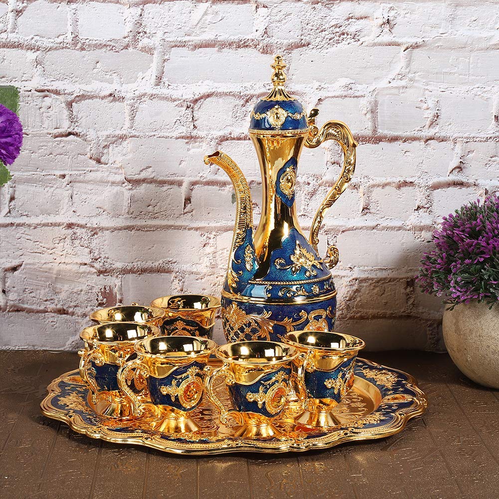 Vintage Turkish Tea Set with Gold Coffee Pot & 6 Cups - Elegant Metal Tea Set with Tray for Home, Bar, Tea Party, Wedding Gift - Perfect for Turkish Coffee Ceremonies & Afternoon Tea Gatherings
