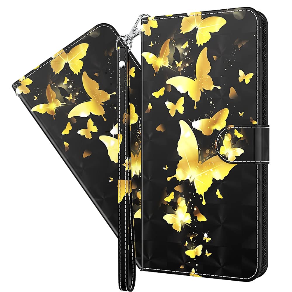 Premium Leather Flip Wallet Case for Samsung Galaxy A50 - Magnetic Closure, Card Holder & Kickstand | Cute Gold Butterfly Pattern | Protective Phone Cover for Everyday Use, Travel & Business
