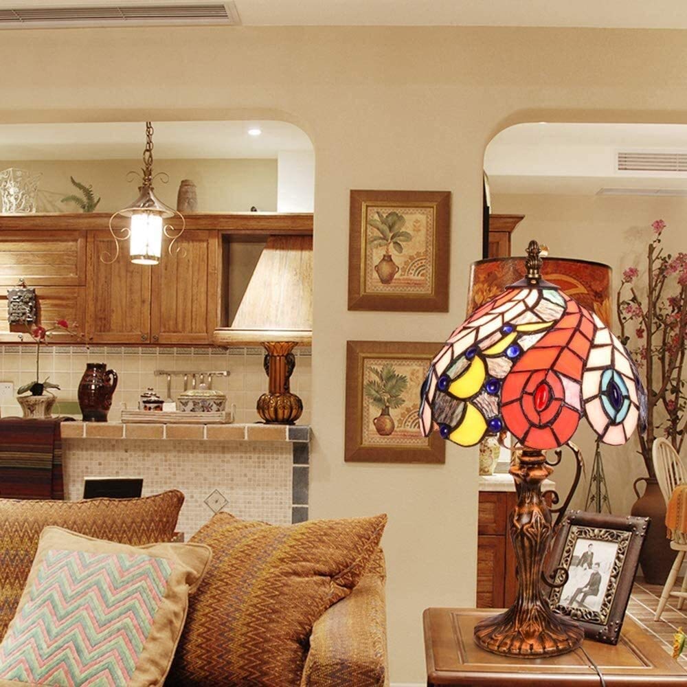 Tiffany Style Stained Glass Table Lamp - Peacock Tail Design Desk Light for Living Room, Bedroom, Office (20x25cm) | Elegant Home Decor, Reading Light, Gift Idea