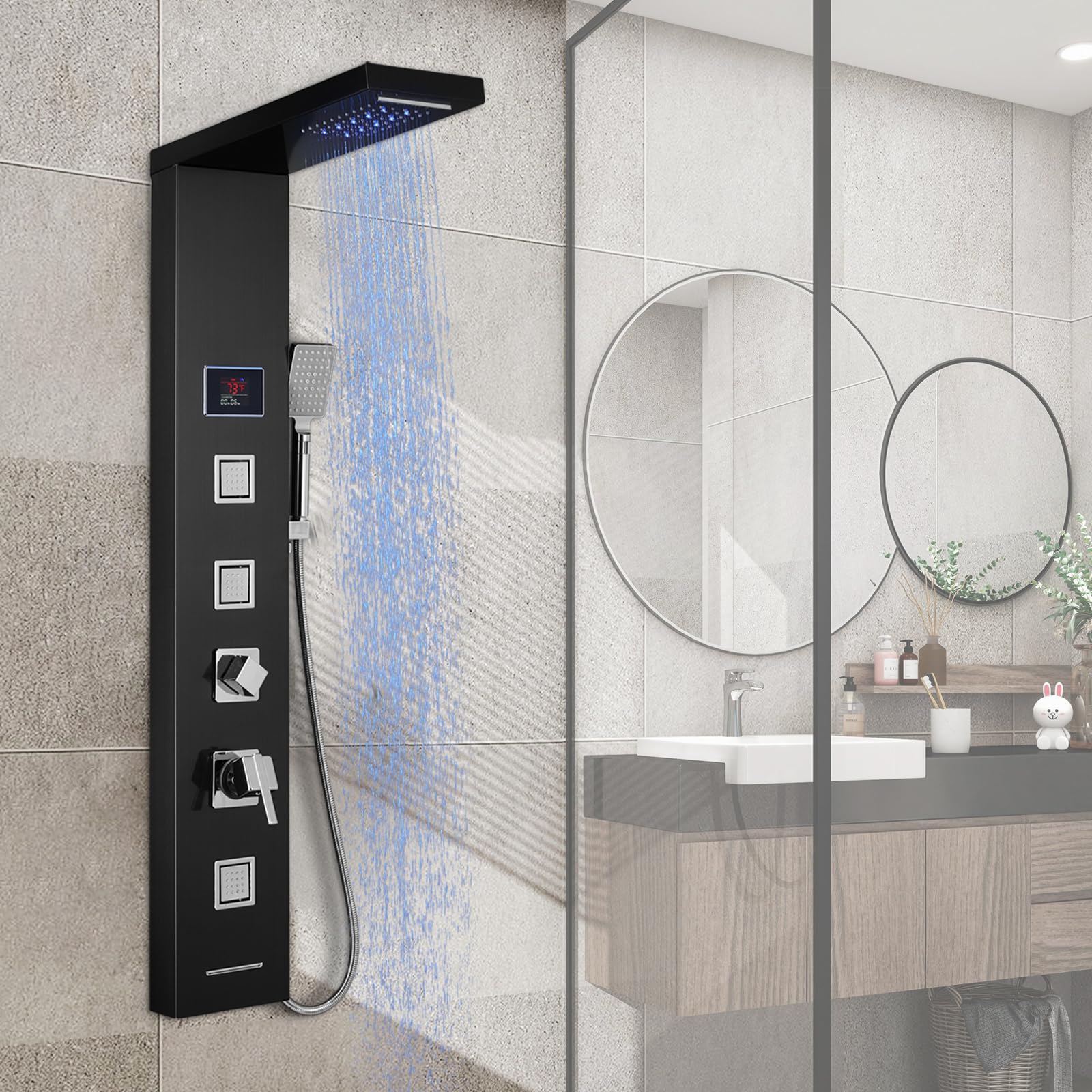 ROVOGO Luxury Shower Panel Tower System with LED Lights - No Battery Needed, Rainfall Waterfall Shower Column with Adjustable Body Jets, Handheld Shower & Tub Spout - Modern Black Bathroom Upgrade for Spa-Like Experience at Home
