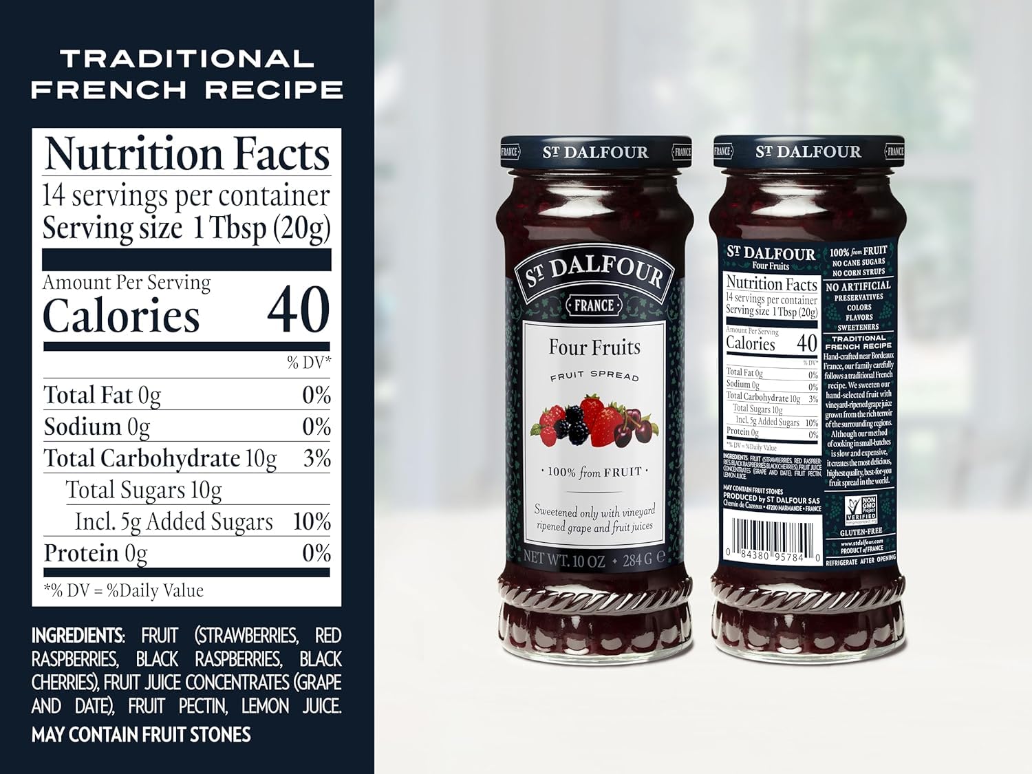 St. Dalfour Organic French Fruit Spread Bundle - 100% Natural Strawberry, Blueberry & Four Fruits Preserves (10 oz Each) | No Artificial Ingredients | Perfect for Toast, Yogurt & Baking