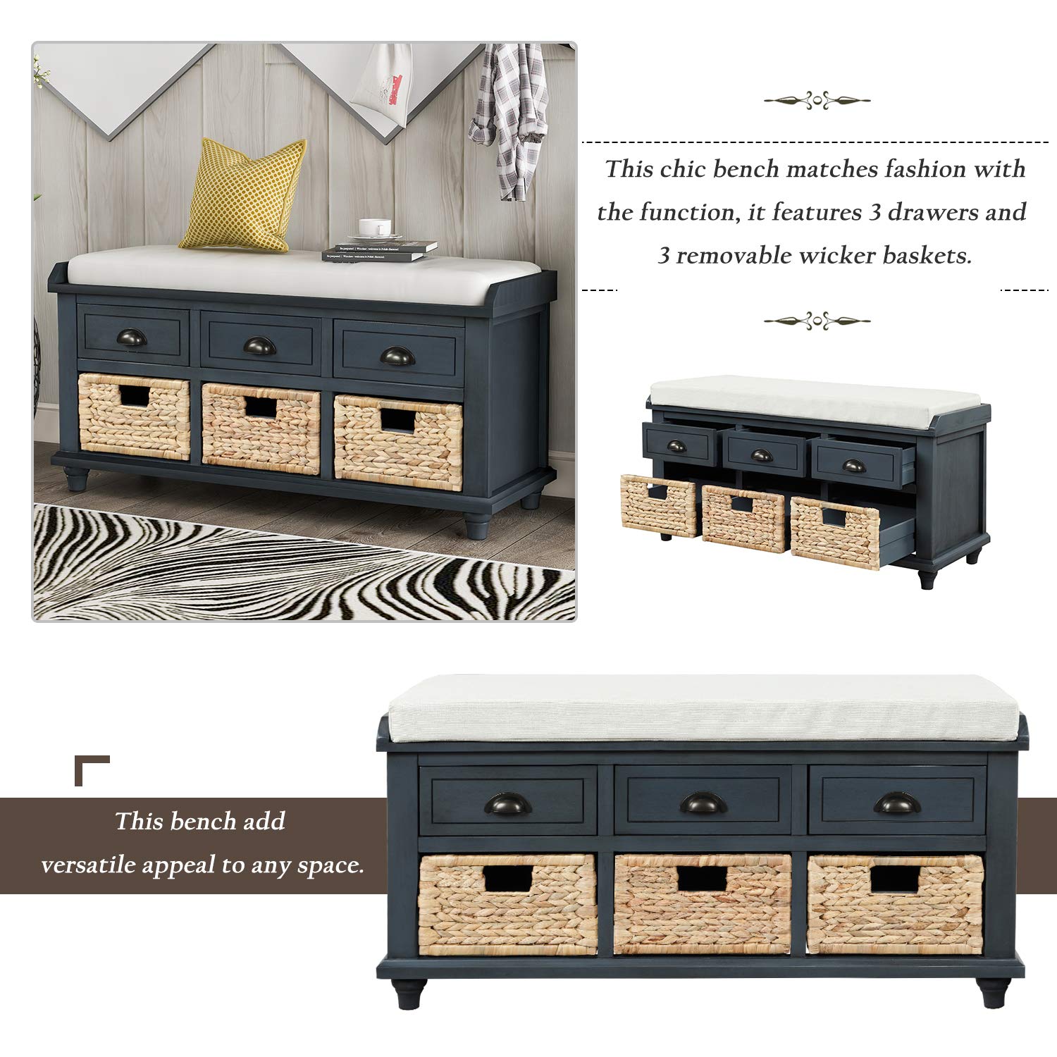 Rustic Entryway Storage Bench with Drawers & Baskets - for Shoes & Living Room Storage