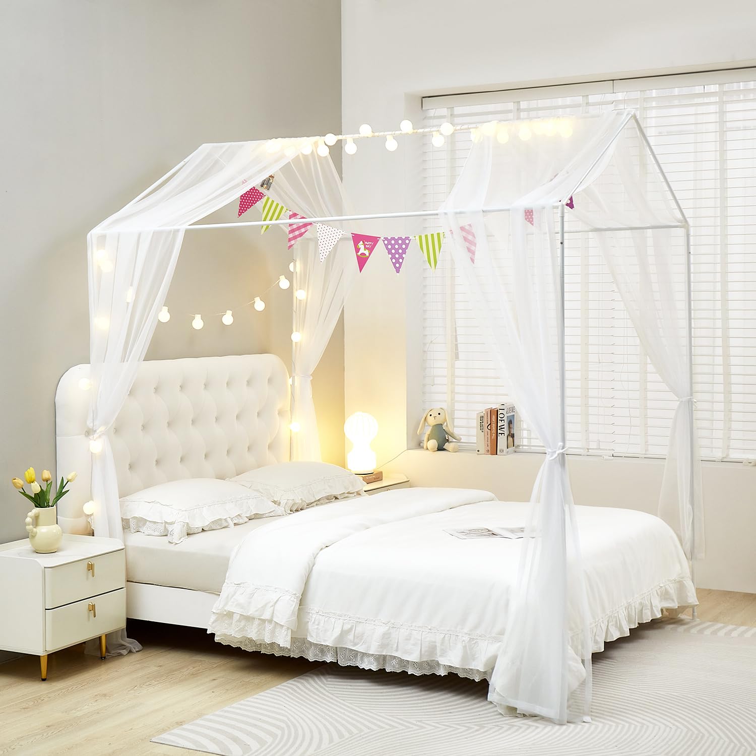 **Mengersi House Bed Canopy with LED Lights - Montessori Floor Bed Canopy for Kids, Girls & Boys - Four Poster Bed Curtains for Twin/Twin XL - White - Perfect for Nursery, Bedroom & Playroom Decor**