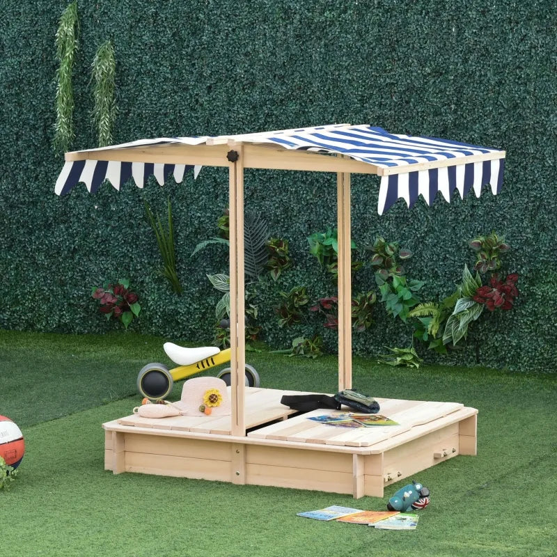 Outsunny Kids Wooden Sandbox with Adjustable Canopy & Convertible Bench - Outdoor Backyard Play Set for Children Ages 3-7 Years - Perfect for Backyard Fun, Sand Play & Imaginative Outdoor Activities