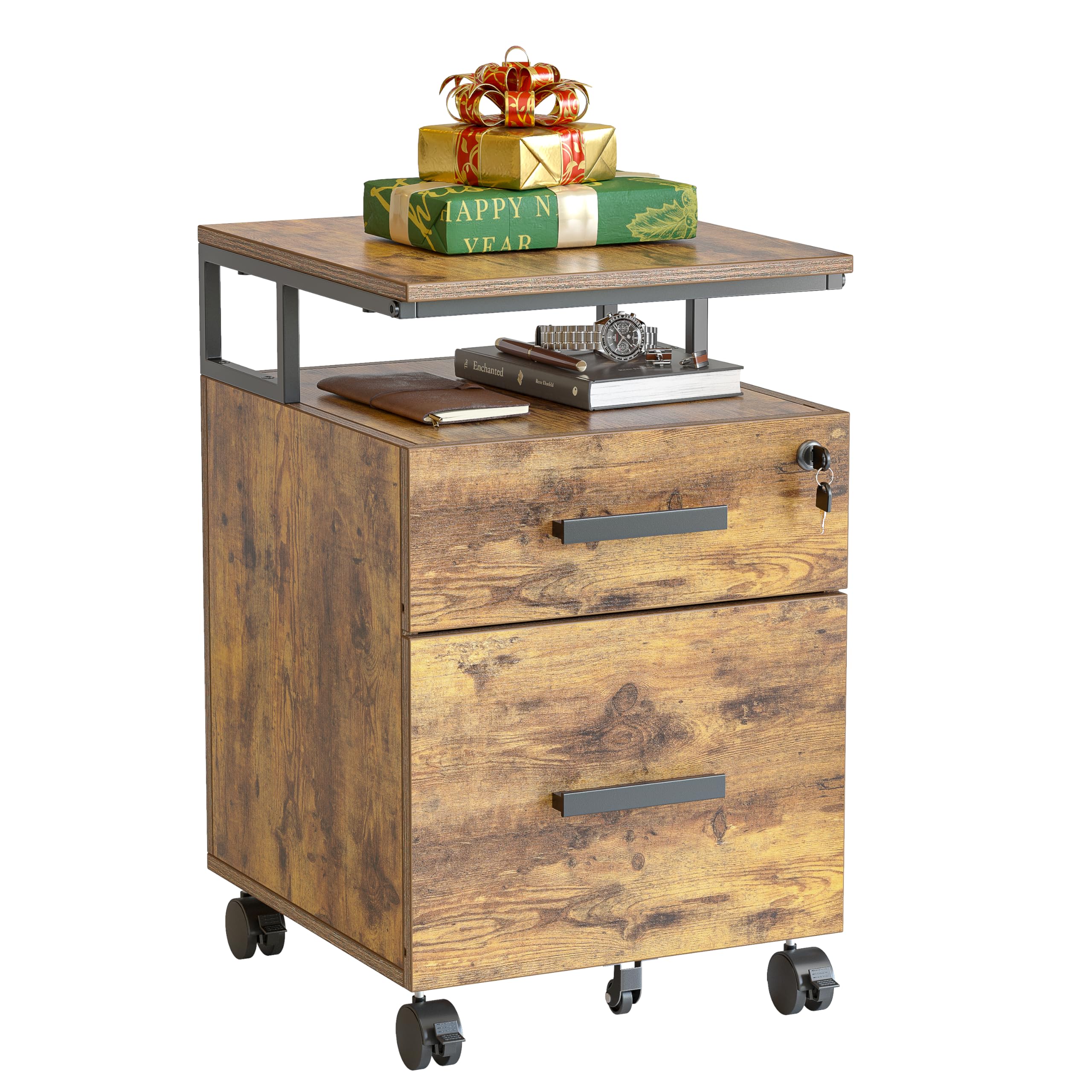 FEZIBO 2-Drawer Locking File Cabinet - Wooden Rolling Storage Cabinet for Home Office, Under Desk Organizer for A4 & Letter Size Documents, Printer Stand with Wheels, Rustic Brown - Perfect for Small Spaces & Workspace Organization