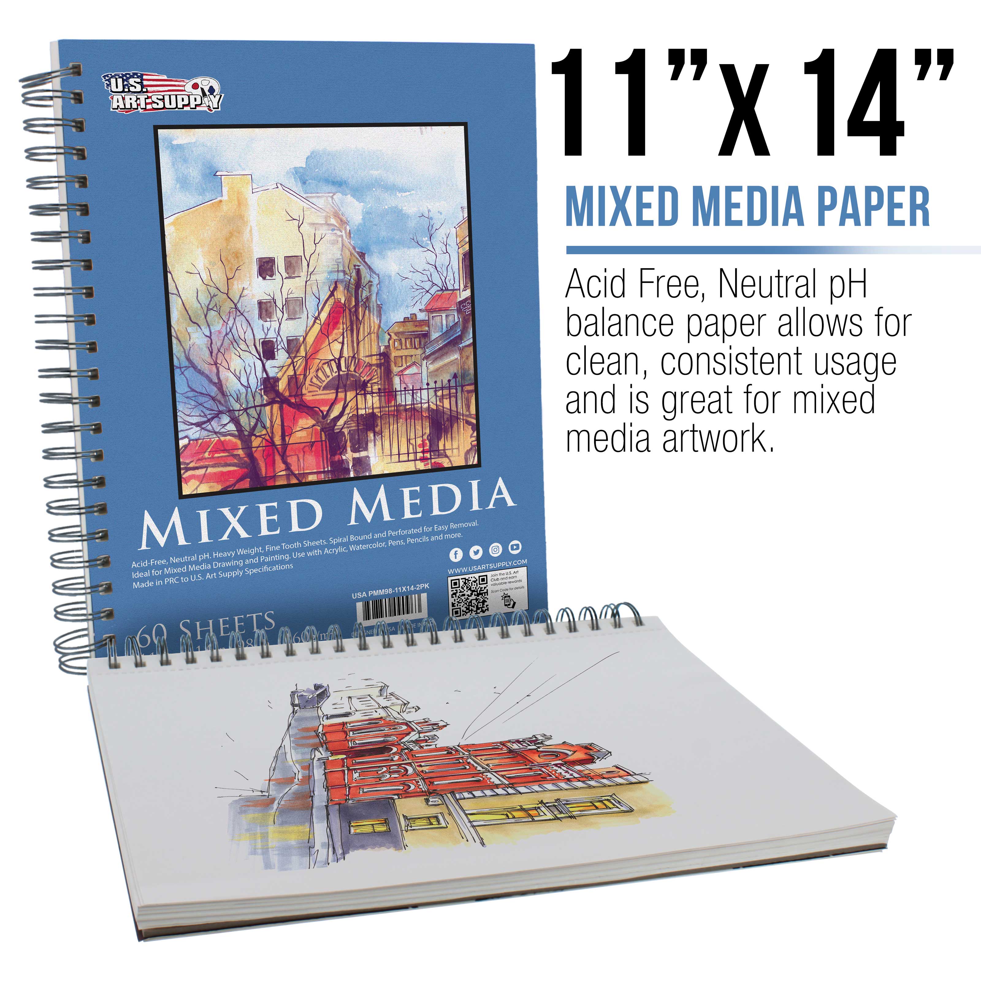 Premium 11x14 Mixed Media Sketchbook - 2 Pack (60 Sheets, 98 lb/160 gsm) | Spiral Bound Acid-Free Paper for Drawing, Painting & Watercolor | Perfect for Artists, Students & Professionals - Home Studio & Outdoor Sketching