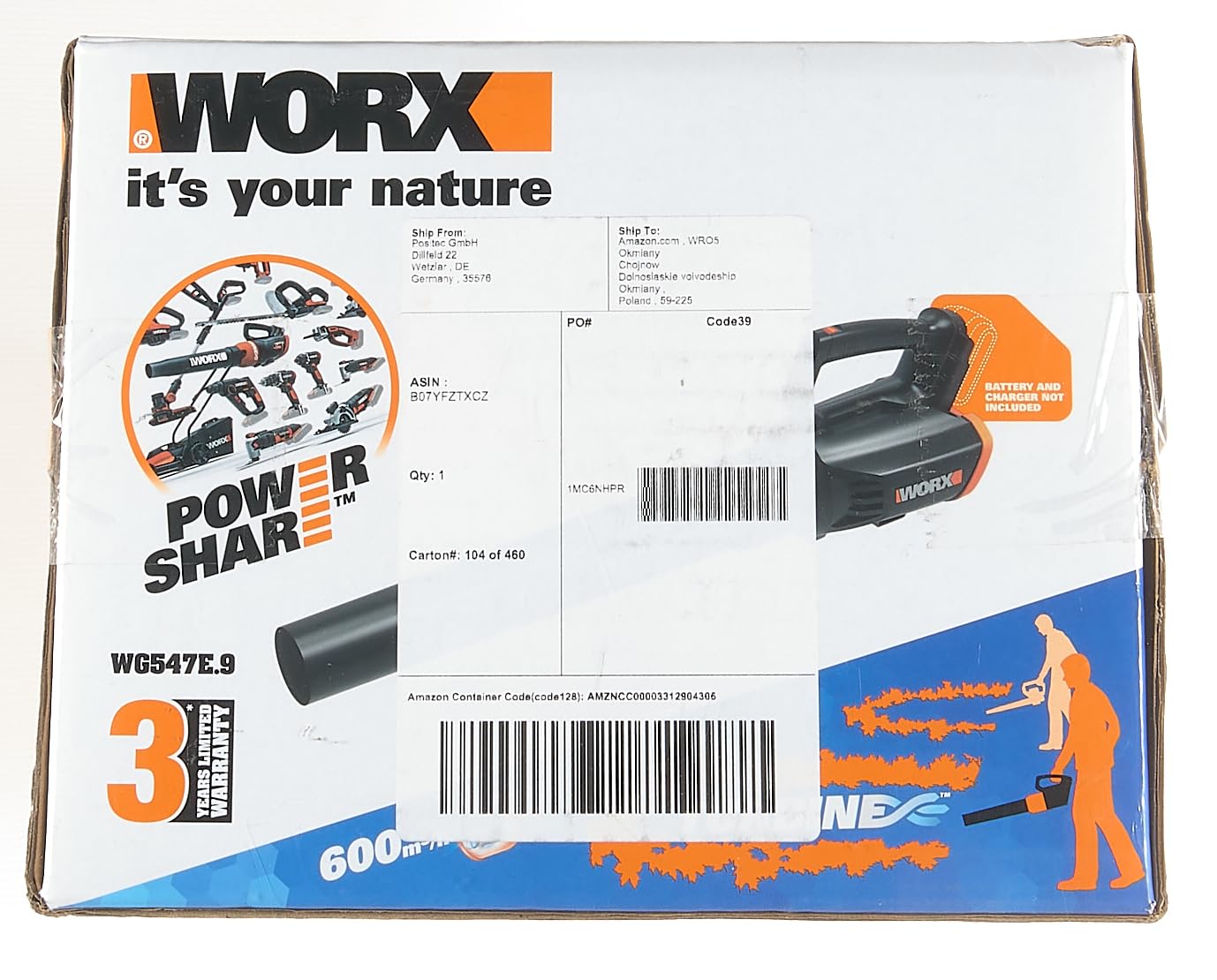 Worx WG547E.9 20V Cordless Leaf Blower with Turbine Technology - 2 Speed Settings, One-Hand Operation (Battery & Charger Not Included) - Ideal for Yard Cleaning, Patio Maintenance, and Quick Leaf Removal