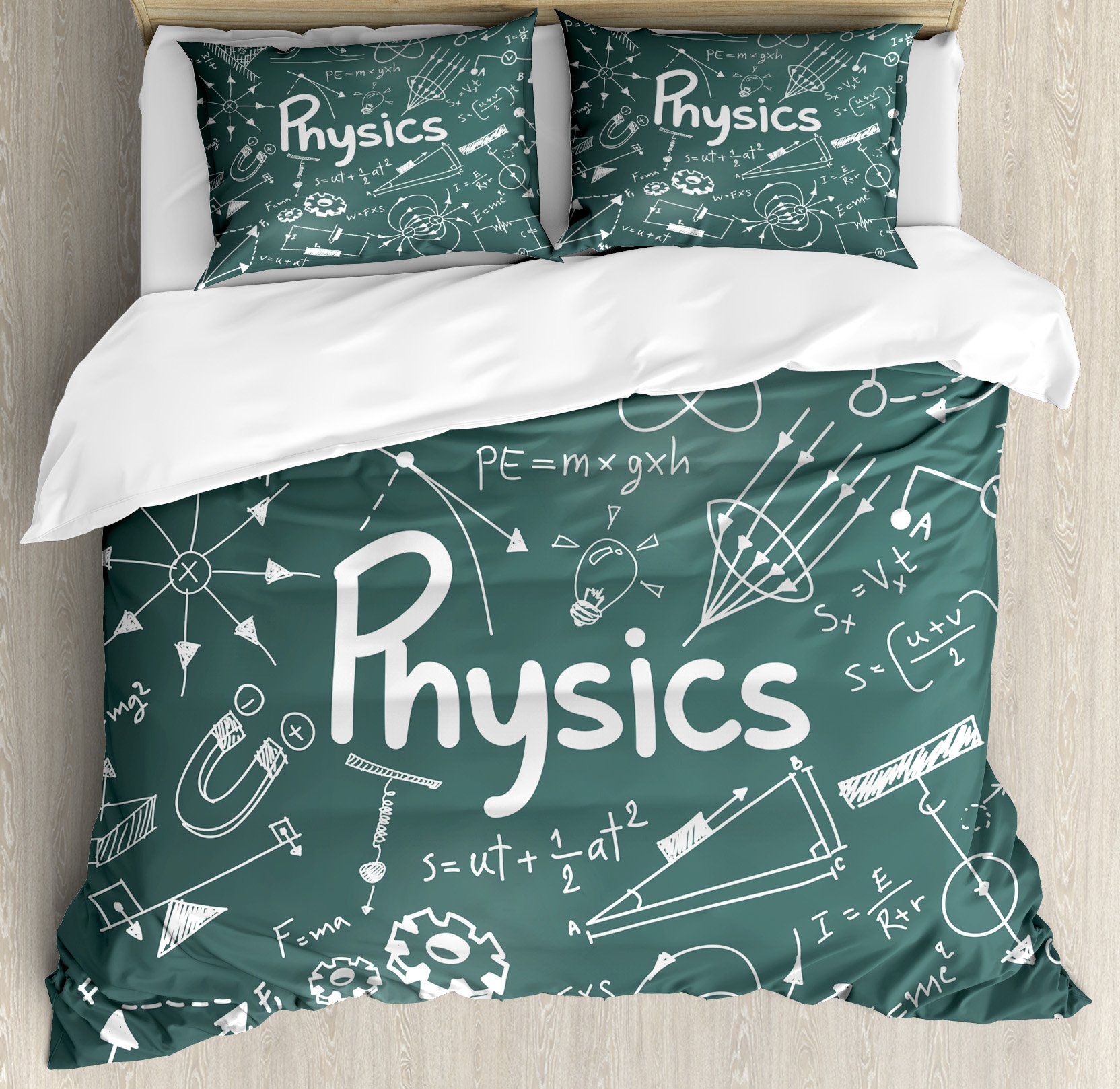 Ambesonne Physics Science Duvet Cover Set - King Size 3-Piece Bedding with Mathematical Formula Design in Army Green & White | Perfect for Science Lovers, Classroom Decor, and Geek Chic Bedrooms