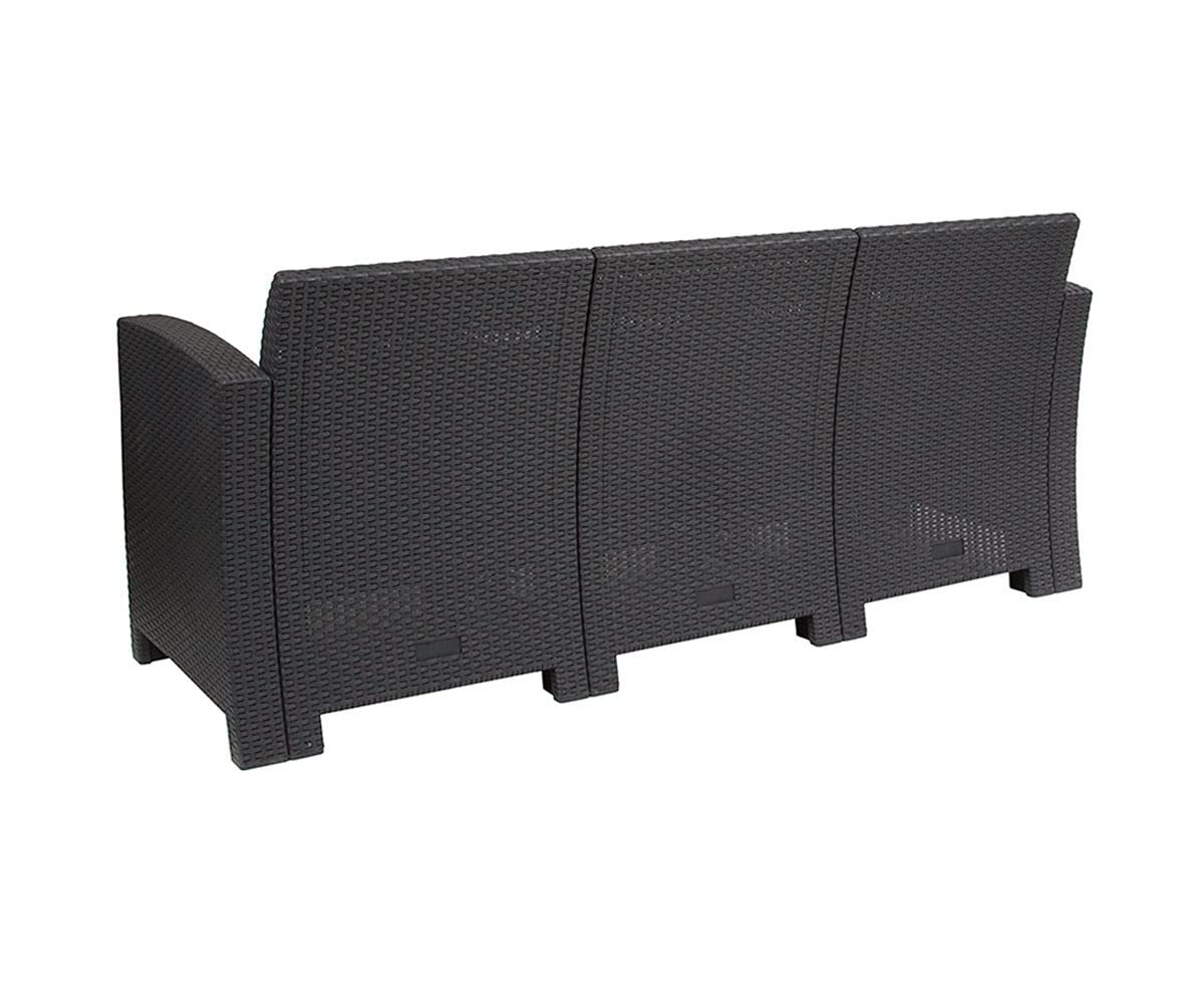 Flash Furniture Seneca Dark Gray Faux Rattan Outdoor Sofa with All-Weather Light Gray Cushions - Patio, Garden, Poolside & Deck Lounge Seating
