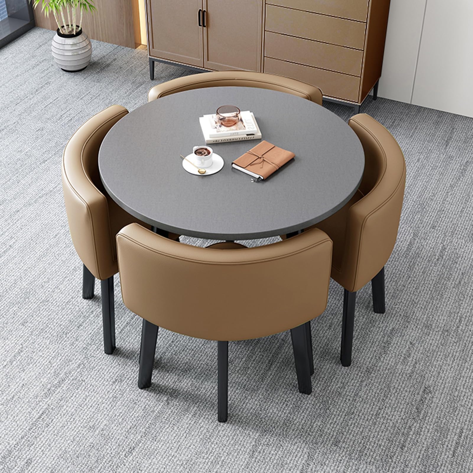 JHDXL Office Reception Room Club Table and Chair Set - Round Coffee Table & Conference Room Furniture for Living Room, Bedroom, or Workspace - Brown Wooden Dining Set for Home & Office Decor