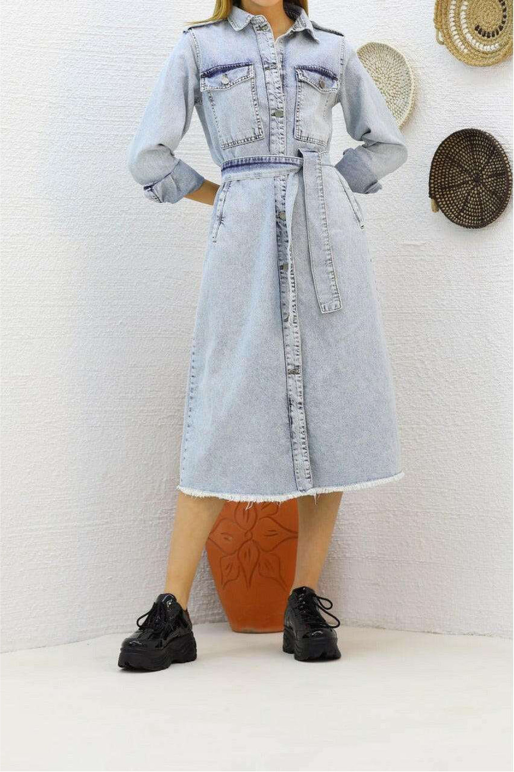 Stylish Long Sleeve Denim Midi Dress for Women | Vintage Blue Denim Shirt Dress | Perfect for Casual Outings, Date Nights & Fall Layering