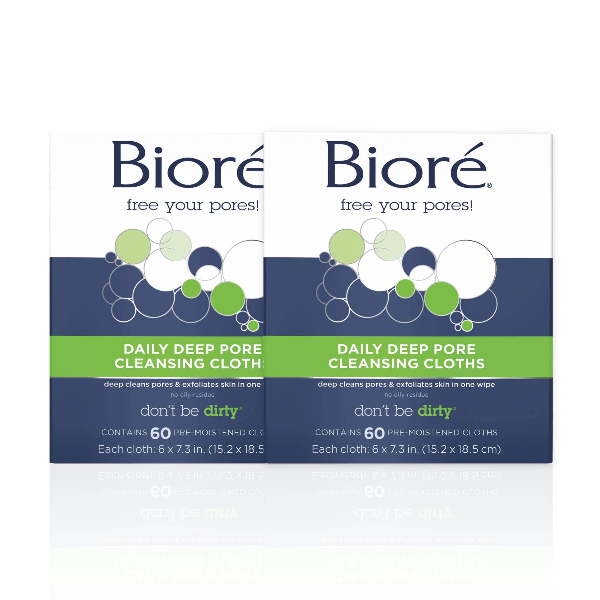 Bioré Daily Makeup Remover Wipes - Deep Pore Cleansing Facial Towels with Dirt-Grabbing Fibers, Oil-Free & Gentle for All Skin Types, 60 Count (Pack of 2) - Perfect for Travel, Gym & Quick Makeup Removal