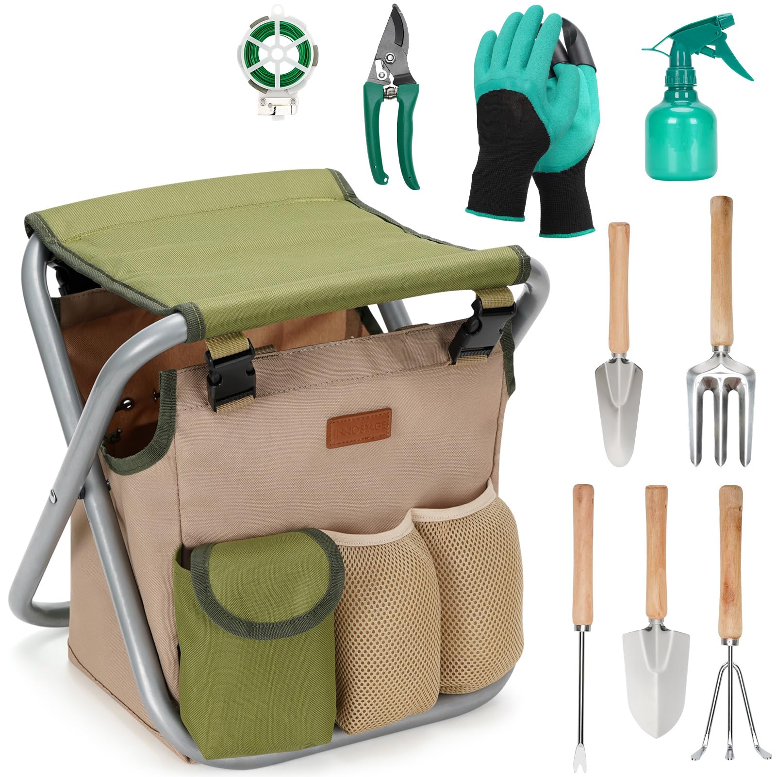 10-Piece Gardening Hand Tools Set with Storage Tote Bag & Seat - Durable Stainless Steel Garden Kit for Planting, Weeding & Landscaping - Perfect Gardening Gifts for Women & Men (Valentine's Day, Mother's Day) - Ideal for Backyard, Lawn Care & Outdoor Activities