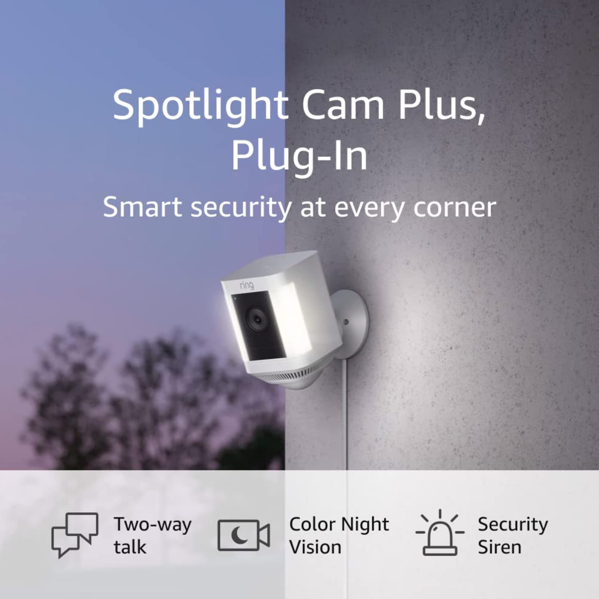 Like-New Ring Spotlight Cam Plus Plug-In Security Camera - 1080p HD Video, Two-Way Talk, Color Night Vision & Alarm Siren (2022 Model, White) for Home Security & Outdoor Surveillance