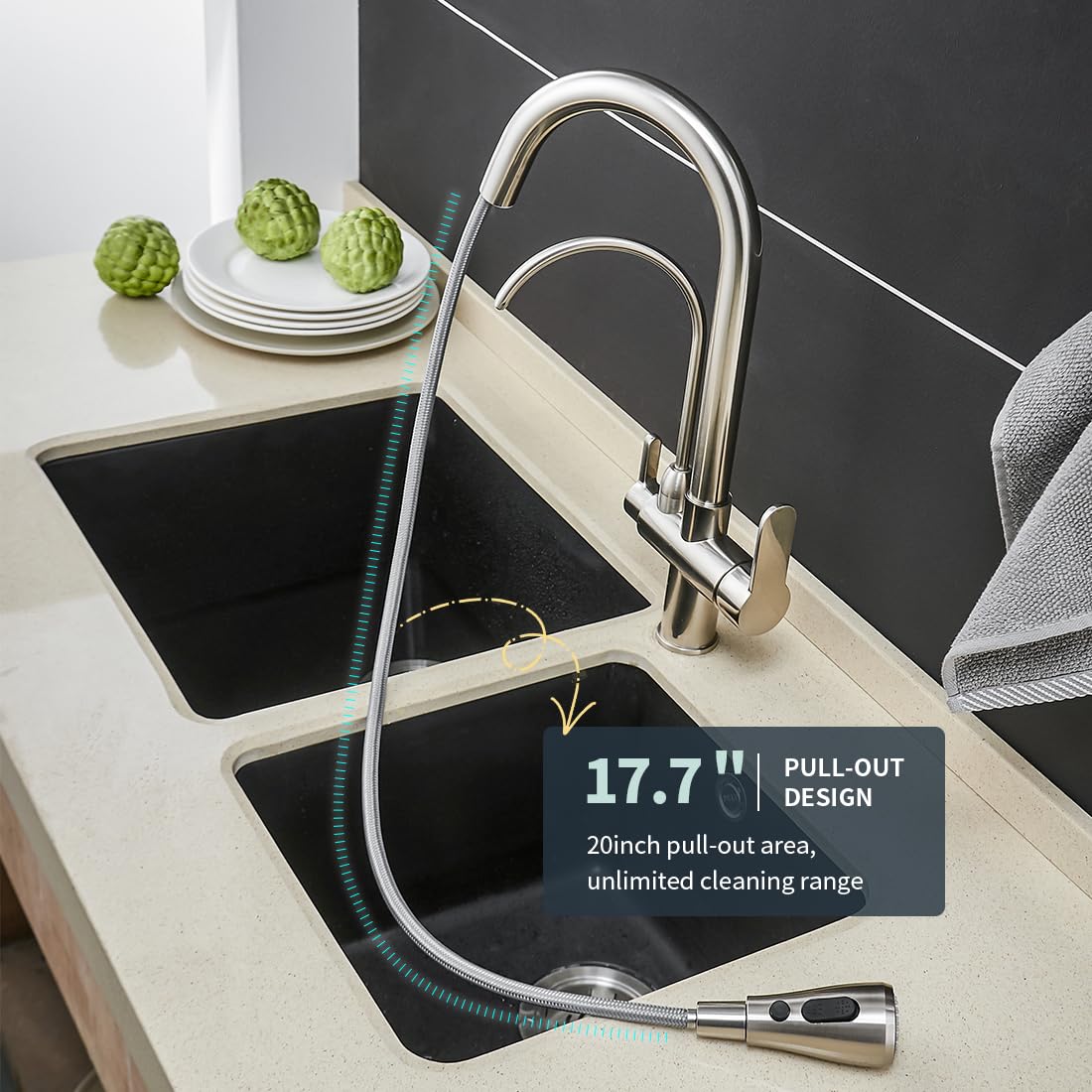 2-Handle Brushed Nickel Kitchen Sink Faucet with Pull-Down Sprayer & 3-in-1 Water Filter Purifier (Model 0195SN) - Perfect for Modern Kitchens, Dishwashing, and Clean Drinking Water