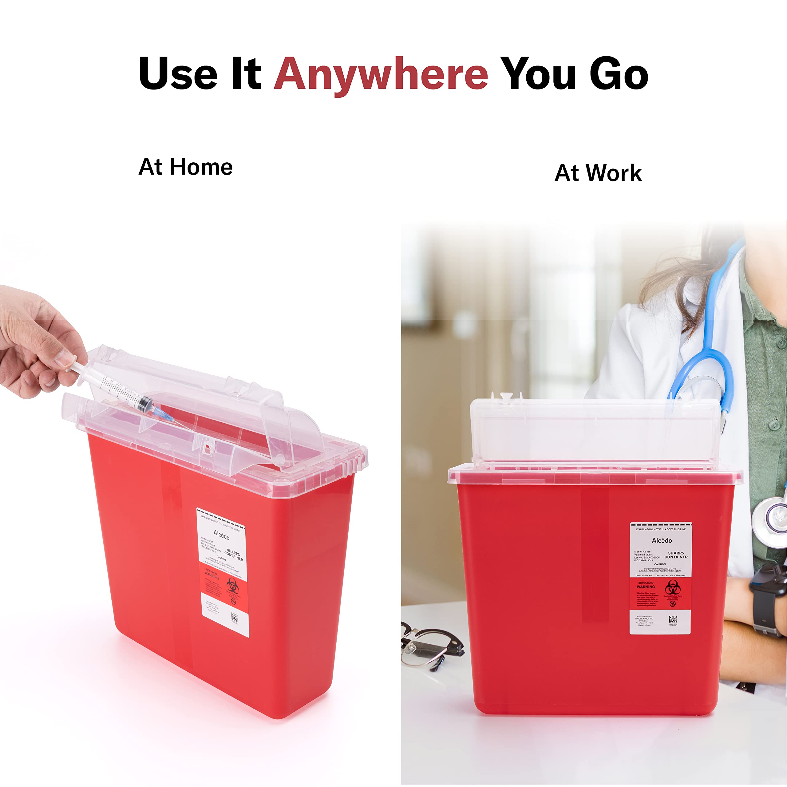 Alcedo 5 Quart Sharps Container (2 Pack) – Biohazard Needle & Syringe Disposal with Mailbox Style Lid – Medical Grade for Home & Professional Use – Ideal for Diabetic Care, Veterinary Clinics & Tattoo Parlors