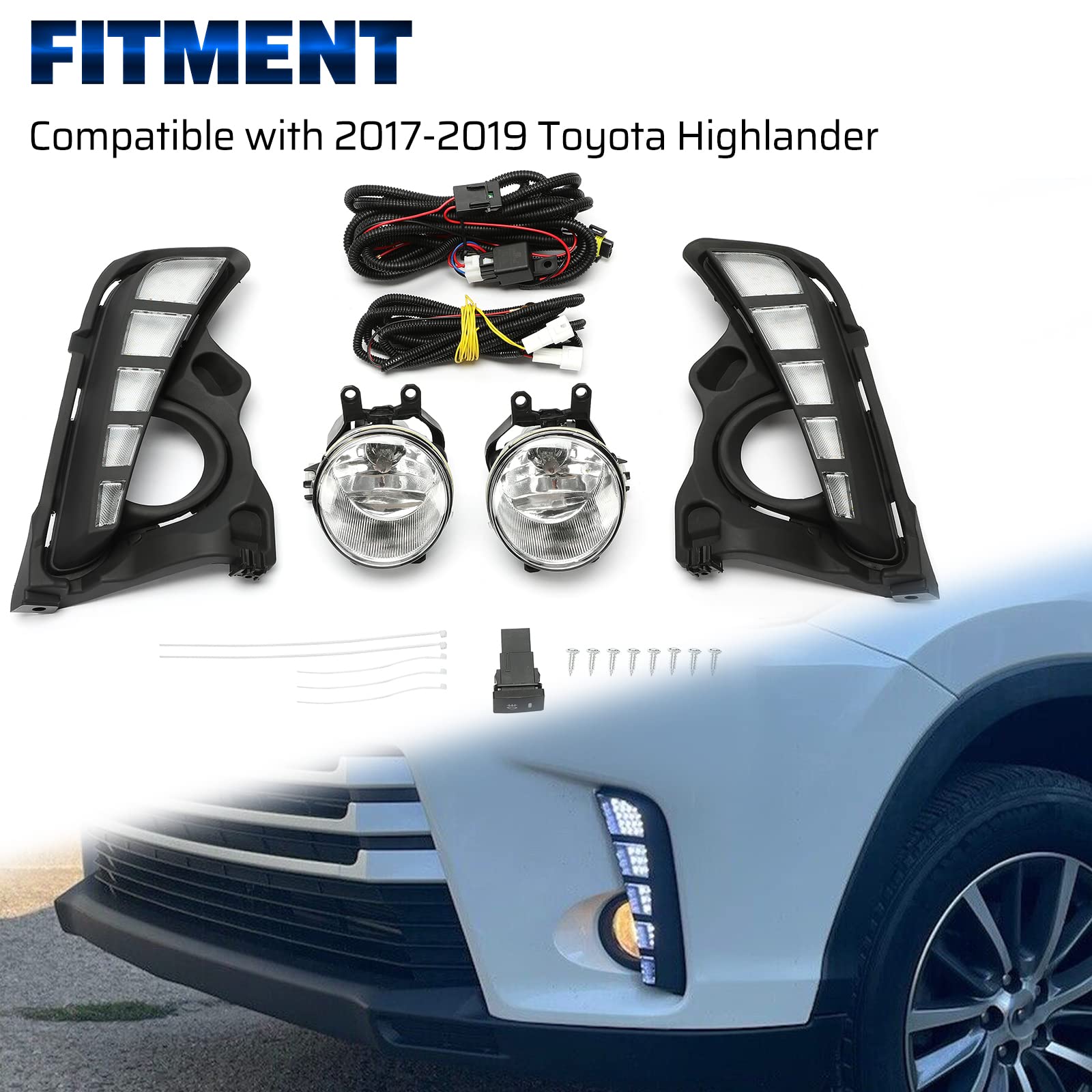 HECASA LED Daytime Running Lights & Fog Lights Kit - Compatible with 2017-2019 Toyota Highlander (Includes Wiring Harness, Turn Signal Lamps) - Upgrade Your Vehicle's Style & Safety for Night Driving and Bad Weather Conditions