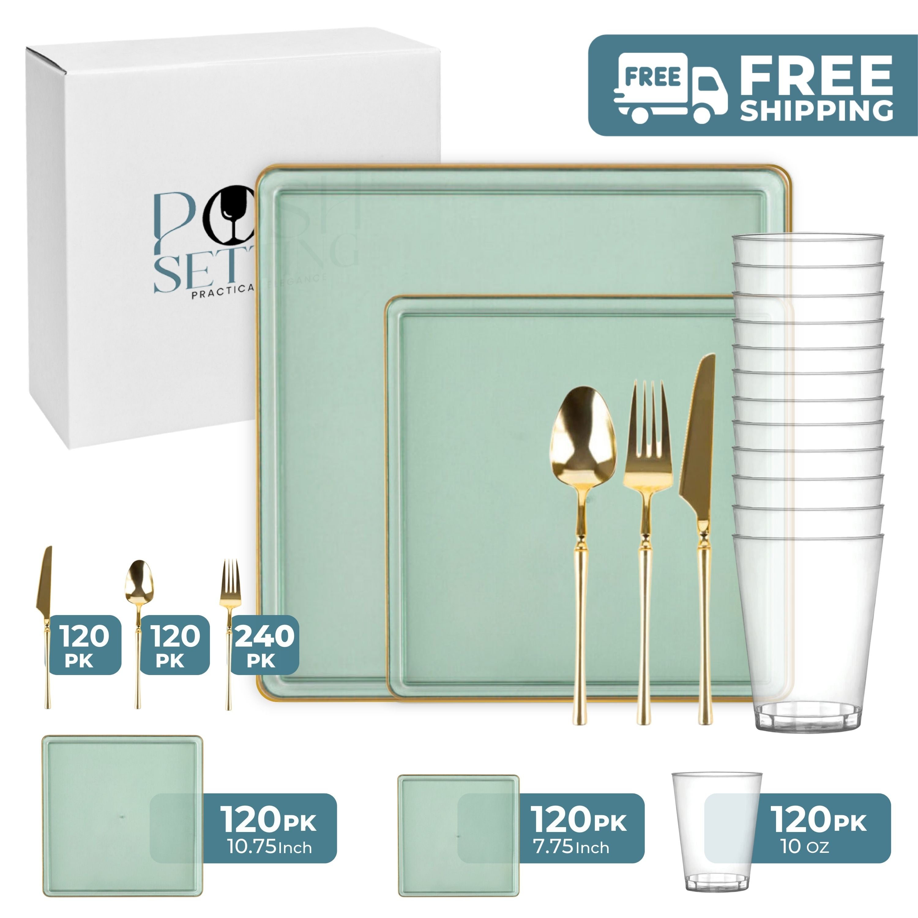 Green and Gold Plastic Party Bundle - Square Edge Disposable Plates, Cups & Cutlery Set for Birthday, Wedding & Holiday Celebrations