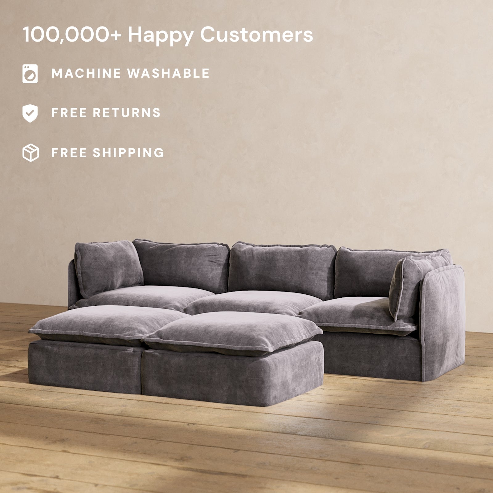 Modular Performance 3-Seater Sofa with Bench Ottoman in Cinder - Comfortable Blend Fabric for Living Room, Lounge & Family Room Relaxation