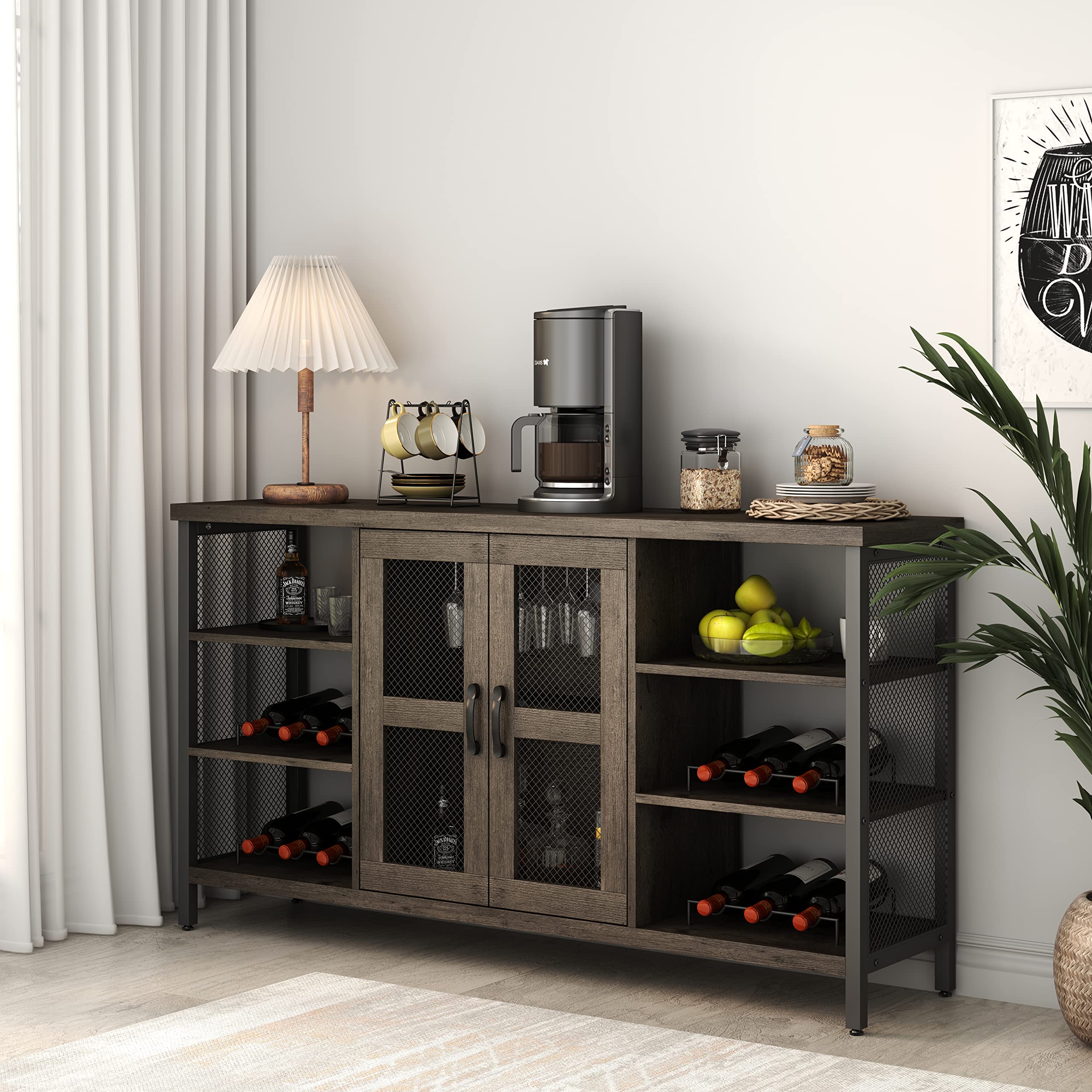 Rustic Oak Wine Bar Cabinet with Storage - 55 Inch Black Gray Liquor & Glass Display Cabinet for Living Room, Dining Room & Home Bar - Multifunctional Floor Wine Rack & Organizer