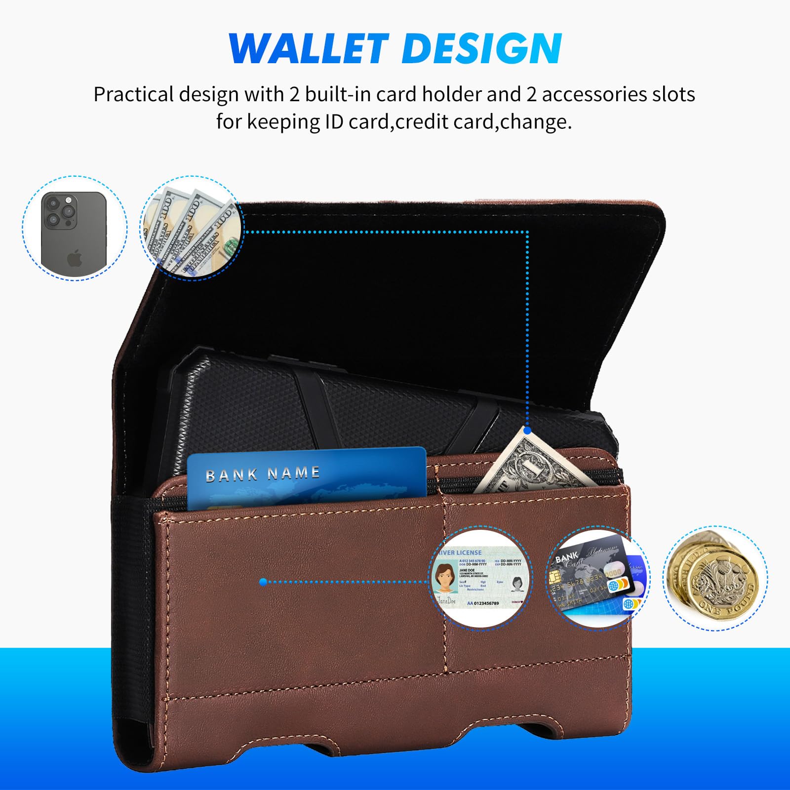 Premium Leather Phone Holster for Samsung S24 Ultra, S23 Ultra, S22 Ultra, Note 20 Ultra, Note 10 Plus, A Series & iPhone 15 Pro Max - Belt Clip Carrying Pouch with Card Holder (Brown) - Perfect for Work, Travel & Outdoor Activities