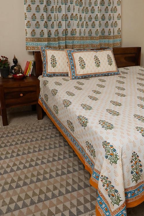 Dreaming Yellow Handblock Printed Cotton Bedsheet - 100% Pure Cotton Queen Size Bed Sheet Set with Traditional Indian Block Print | Perfect for Bohemian Bedroom Decor, Guest Room & Cozy Home Styling