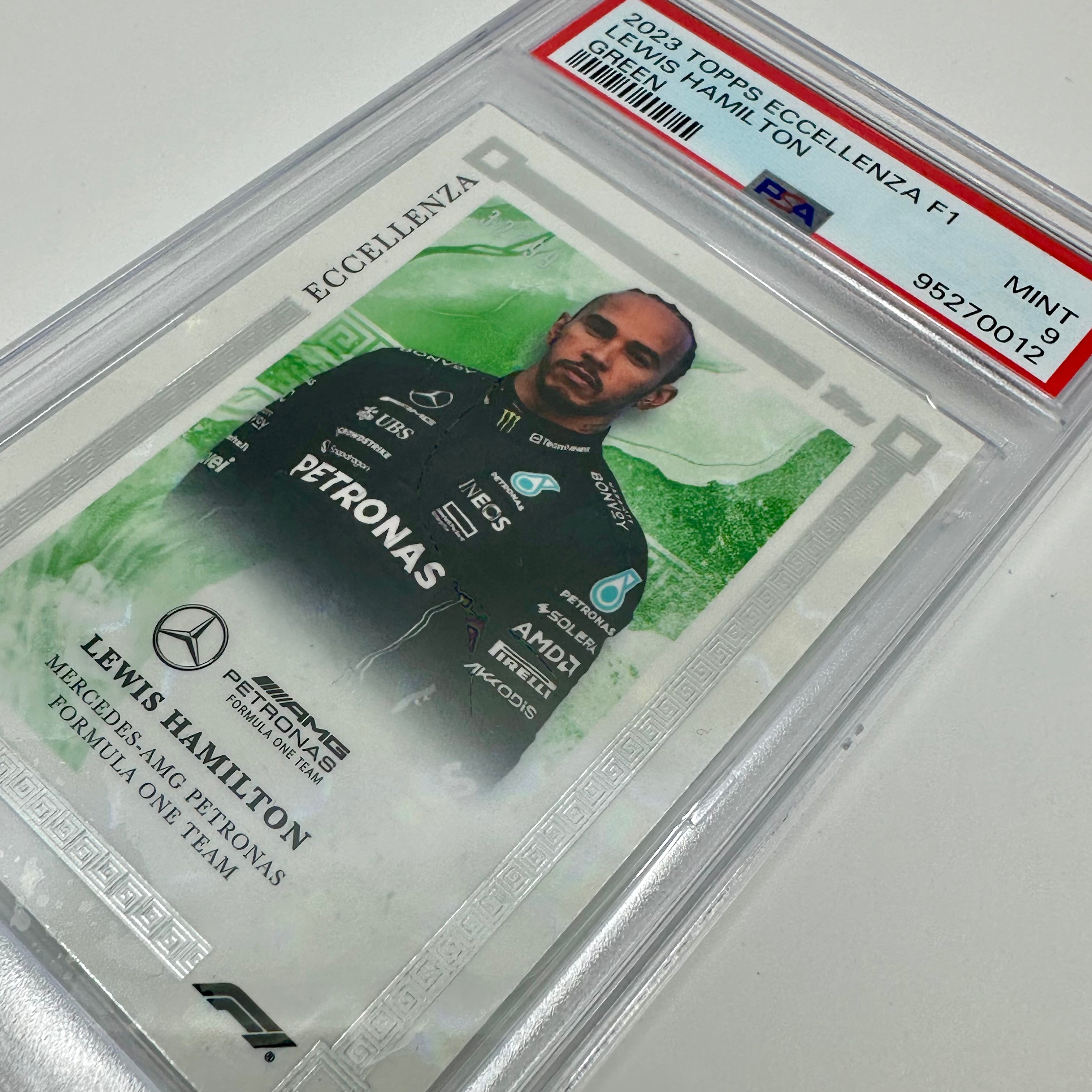 PSA 9 Graded 32/99 Lewis Hamilton Green 2023 Eccellenza Trading Card - Rare Collectible for F1 Fans & Sports Memorabilia Enthusiasts