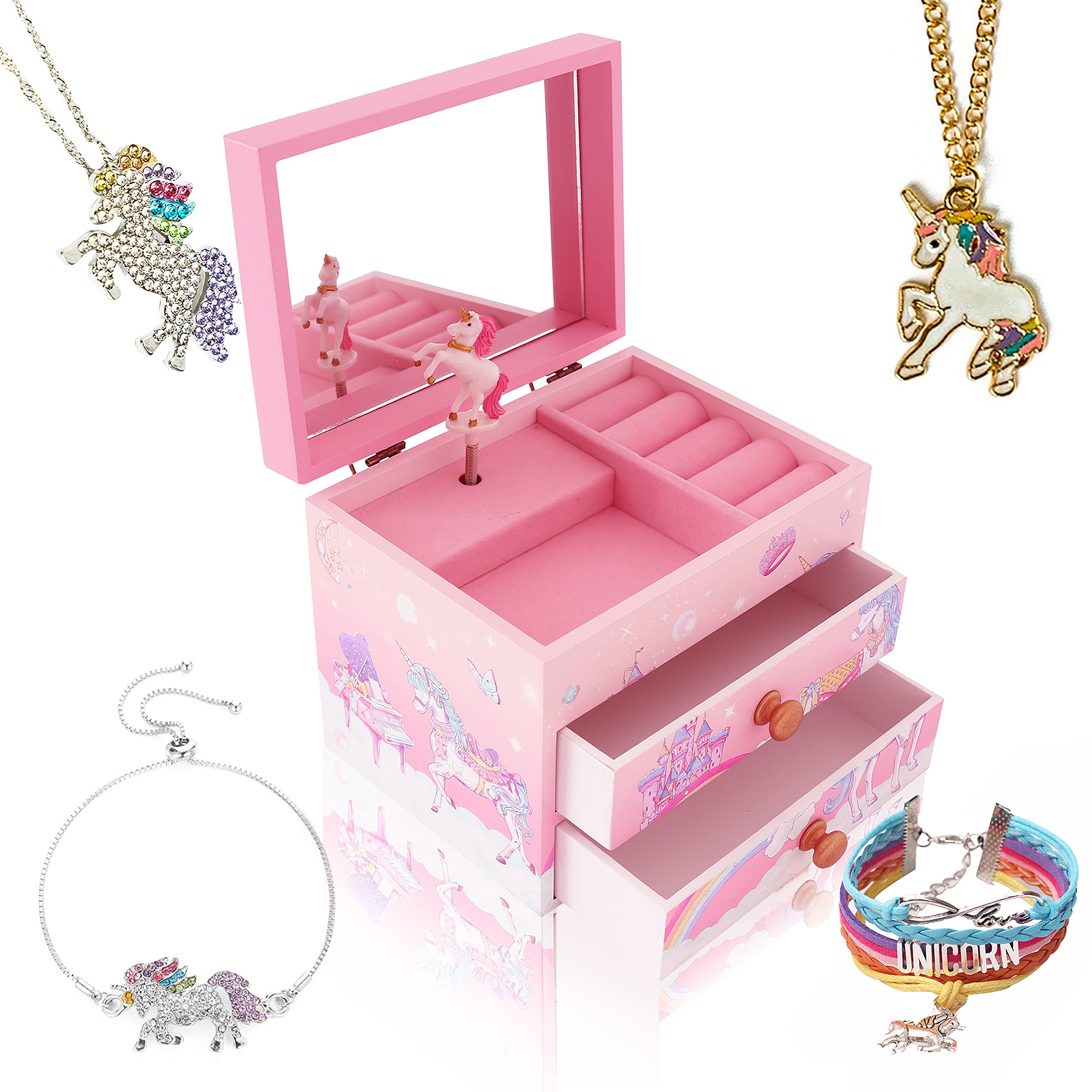 Unicorn Jewelry Box for Girls - Wooden Musical Jewelry Box with Matching Jewelry Set, Princess Castle Design (Pink) - Perfect Birthday Gift for Kids, Room Decor & Jewelry Storage