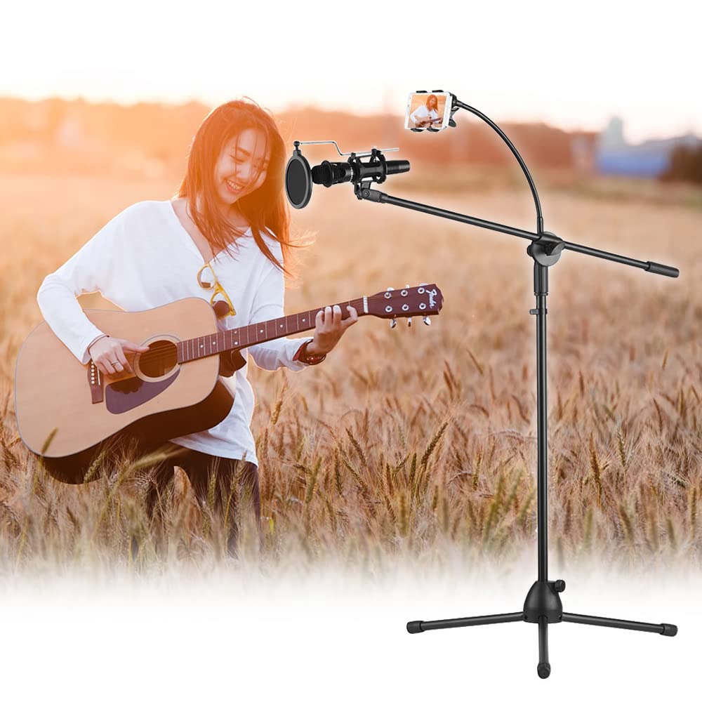 Professional Adjustable Metal Microphone Stand with Boom Arm - 3 Mic Holders & Smartphone Mount for Studio Recording, Podcasting, Live Streaming & Outdoor Performances