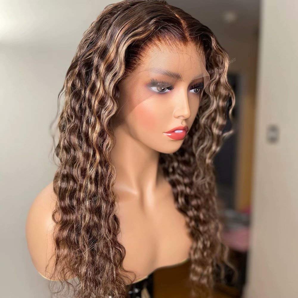 13x4 HD Transparent Lace Front Wig - Honey Blonde Highlight Water Wave Human Hair Wig with Pre-Plucked Natural Hairline & Baby Hair | 180 Density 18 Inch | Perfect for Daily Wear, Cosplay, and Special Occasions