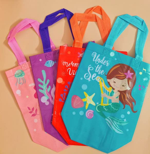 TERA 13 Pack of 10 Mermaid Themed Reusable Tote Bags for Girls - Birthday Party Favors, Gift Bags, Shopping Bags & Multipurpose Carry Bags - Perfect for Birthday Parties, Beach Trips & Grocery Shopping