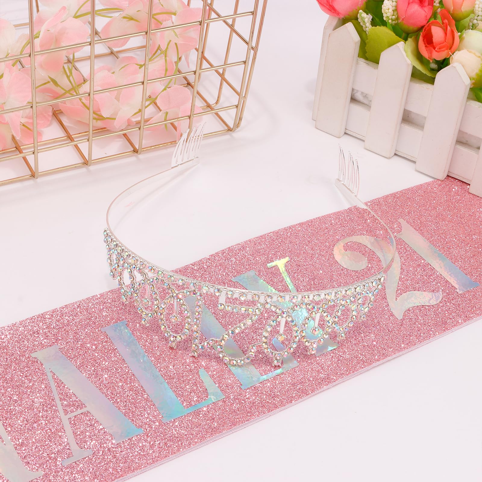 Elegant Silver Princess Tiara & Birthday Sash Set for Women - 21st Birthday Crown with Combs, Crystal Headpiece for Girls Party Hair Accessories | Perfect for Birthday Celebrations, Bachelorette Parties & Special Events