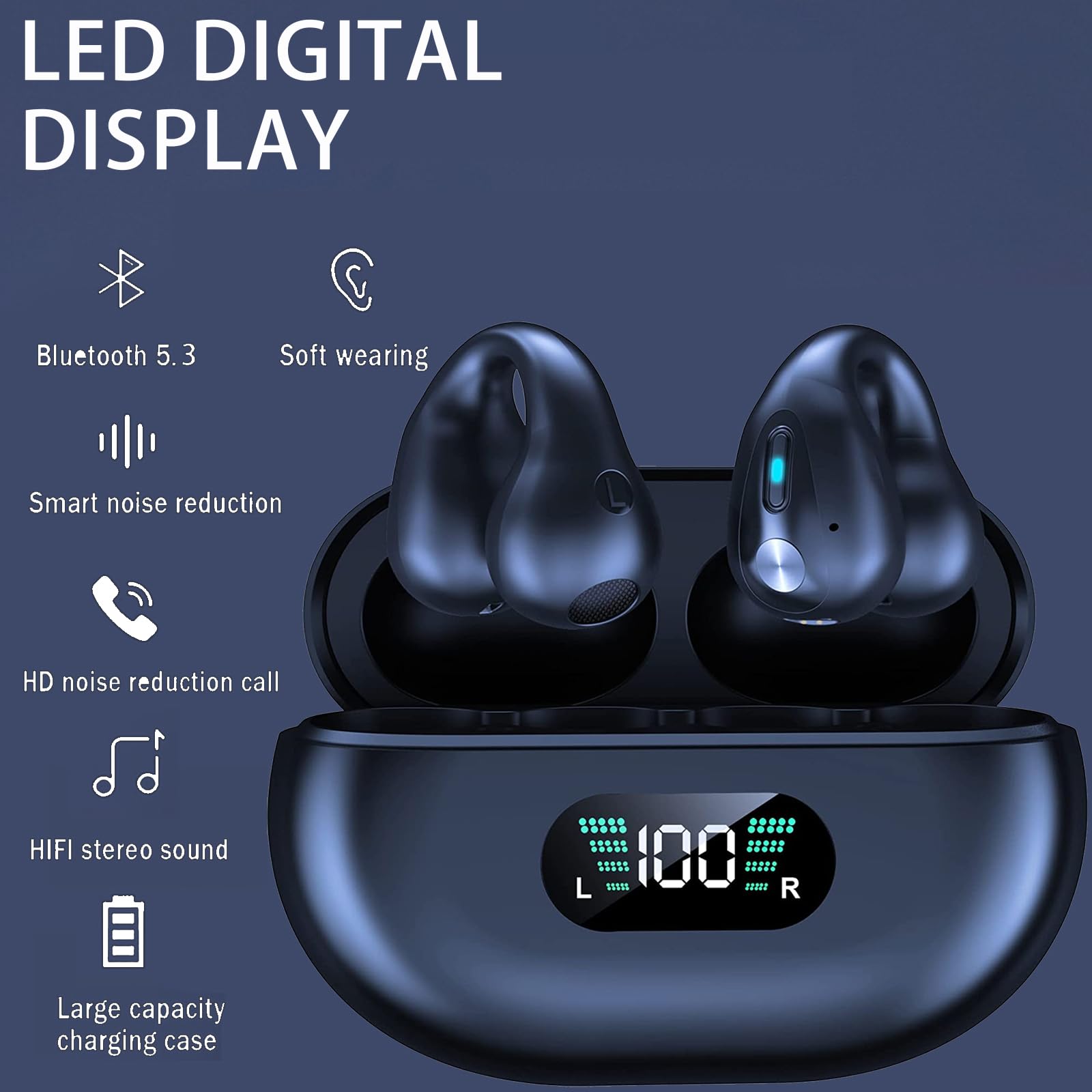 Bluetooth 5.3 Wireless Bone Conduction Headphones - Open Ear Clip-On Headset with HiFi Stereo, IPX5 Waterproof & Noise Cancelling - Perfect for Running, Cycling, Gym Workouts & Travel (Black)