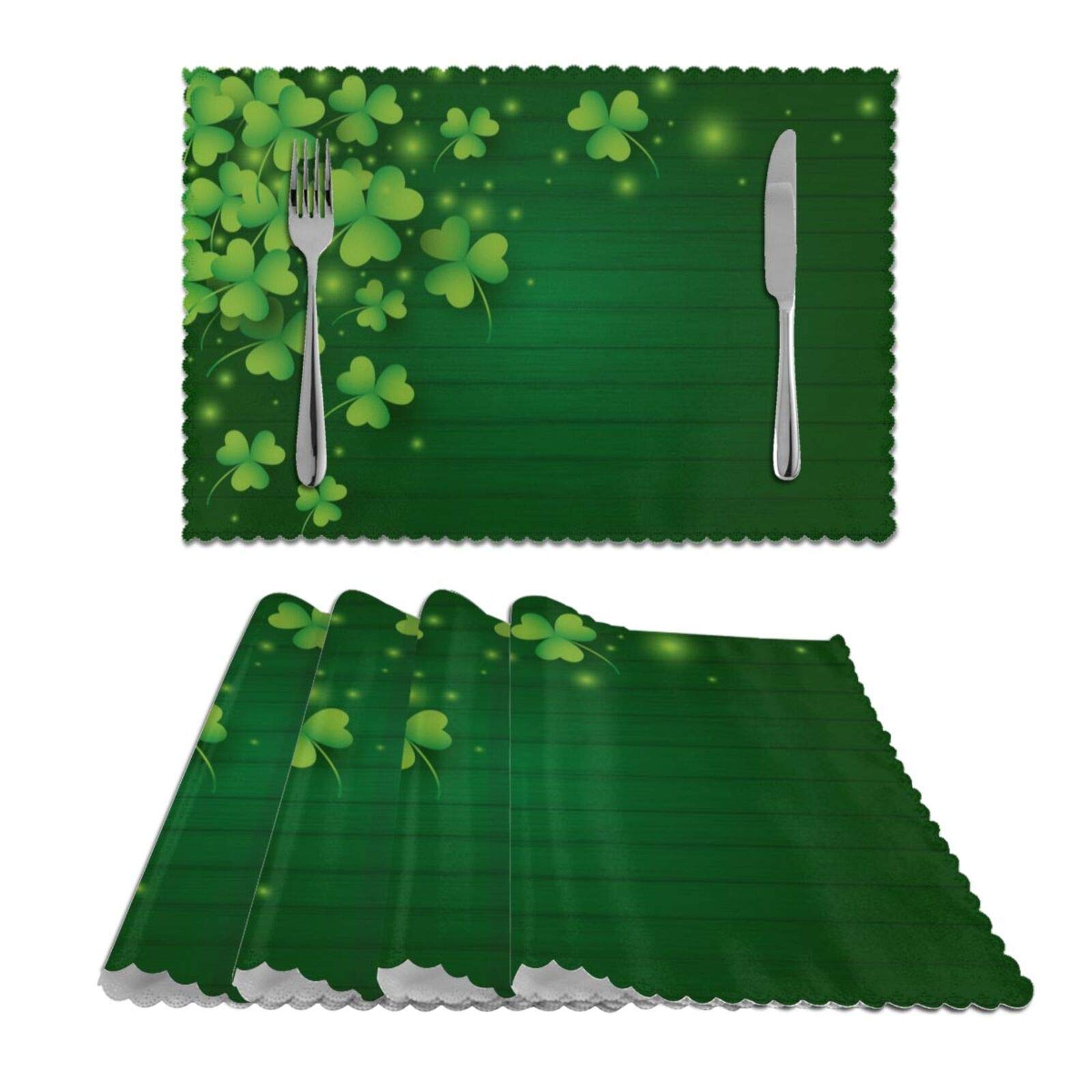 St. Patrick's Day Sparkle Clover Wooden Placemats Set of 4 - Non-Slip, Heat-Resistant, Washable Table Mats for Kitchen & Dining Room Decor (12x18 Inch) - Perfect for Irish-Themed Parties, Holiday Dinners & Home Decor