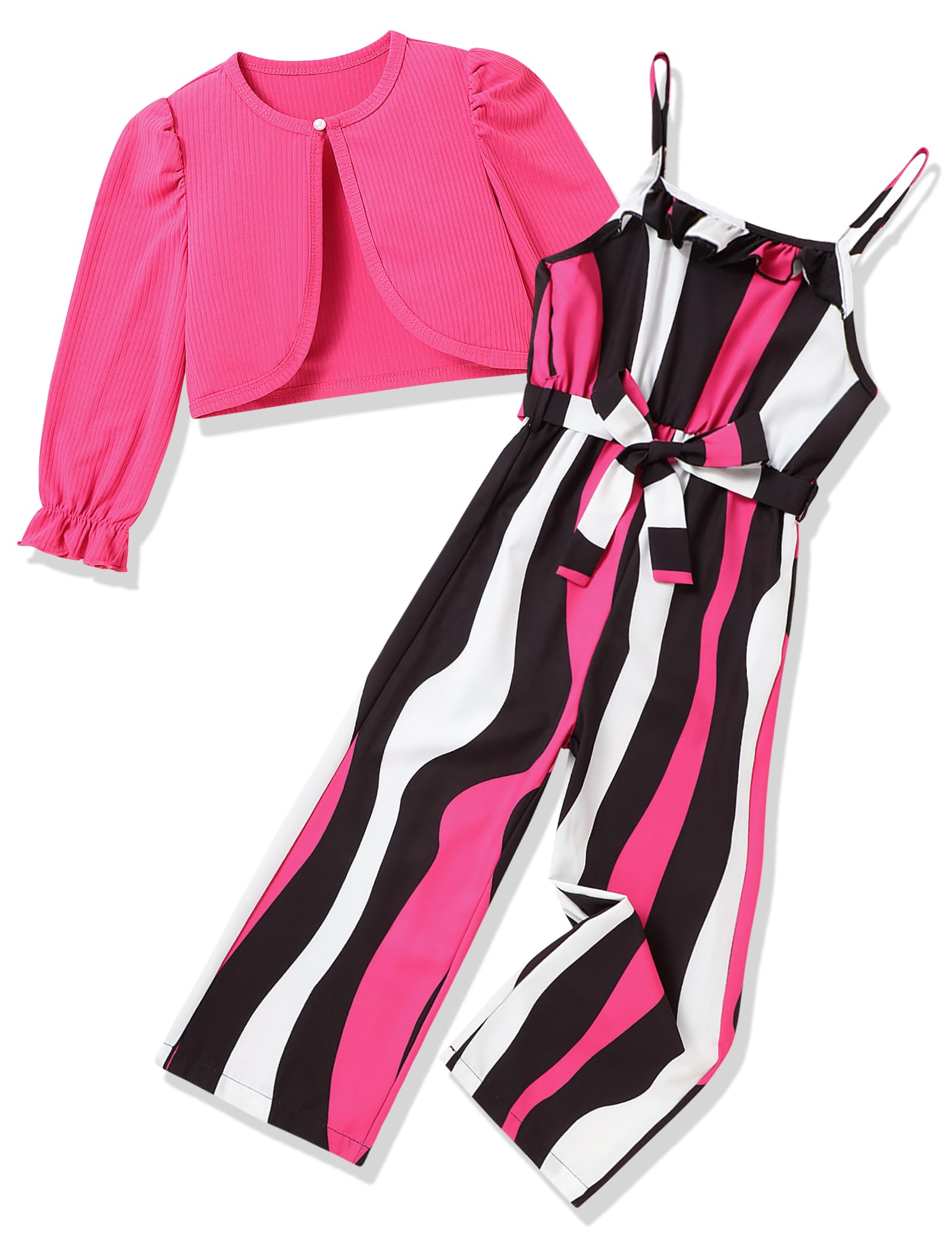 Crazyme Girls Striped Sleeveless Jumpsuit with Belt - Casual Romper Suspender Wide Leg Pants for Girls Age 4-13 Years | Perfect for Summer Playdates, School Outfits & Family Photos