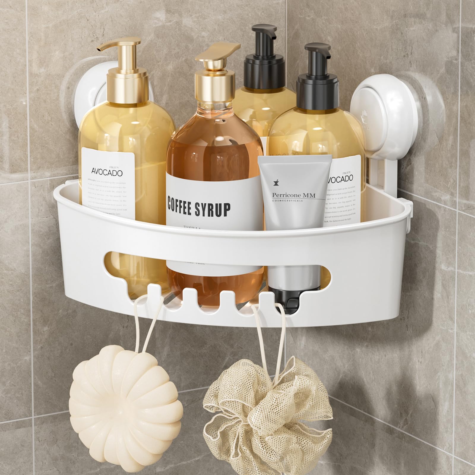 LEVERLOC Corner Shower Caddy with Powerful Suction Cups - Rustproof & Waterproof Bathroom Organizer for Shampoo, Soap & Toiletries - No Drilling Required, Easy to Remove (White) - Perfect for Small Bathrooms & Apartment Showers
