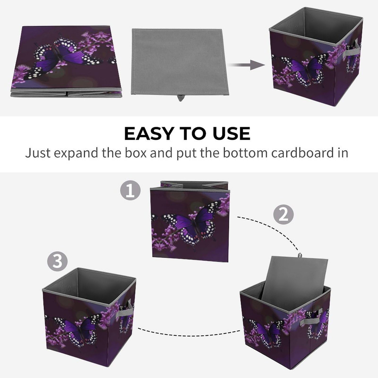 Foldable Purple Plum Butterfly Storage Cubes with Handles - Organize Clothes, Toys & More for Cabinet, Shelf & Closet - Perfect for Bedroom, Nursery & Dorm Organization