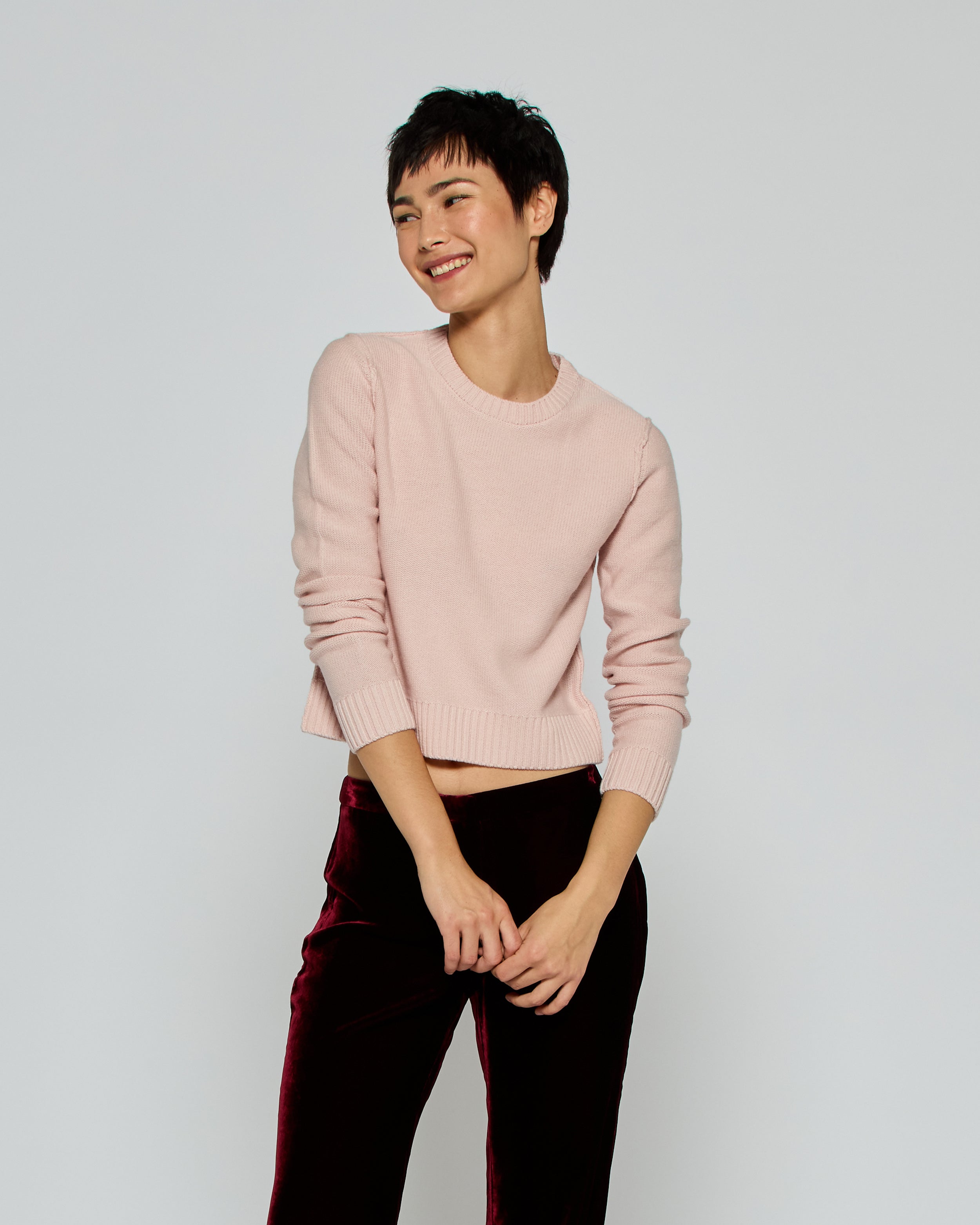 Women's Round Neck Knit Sweater - Soft Pale Pink Pullover for Fall & Winter | Cozy Casual Wear & Layering Outfits